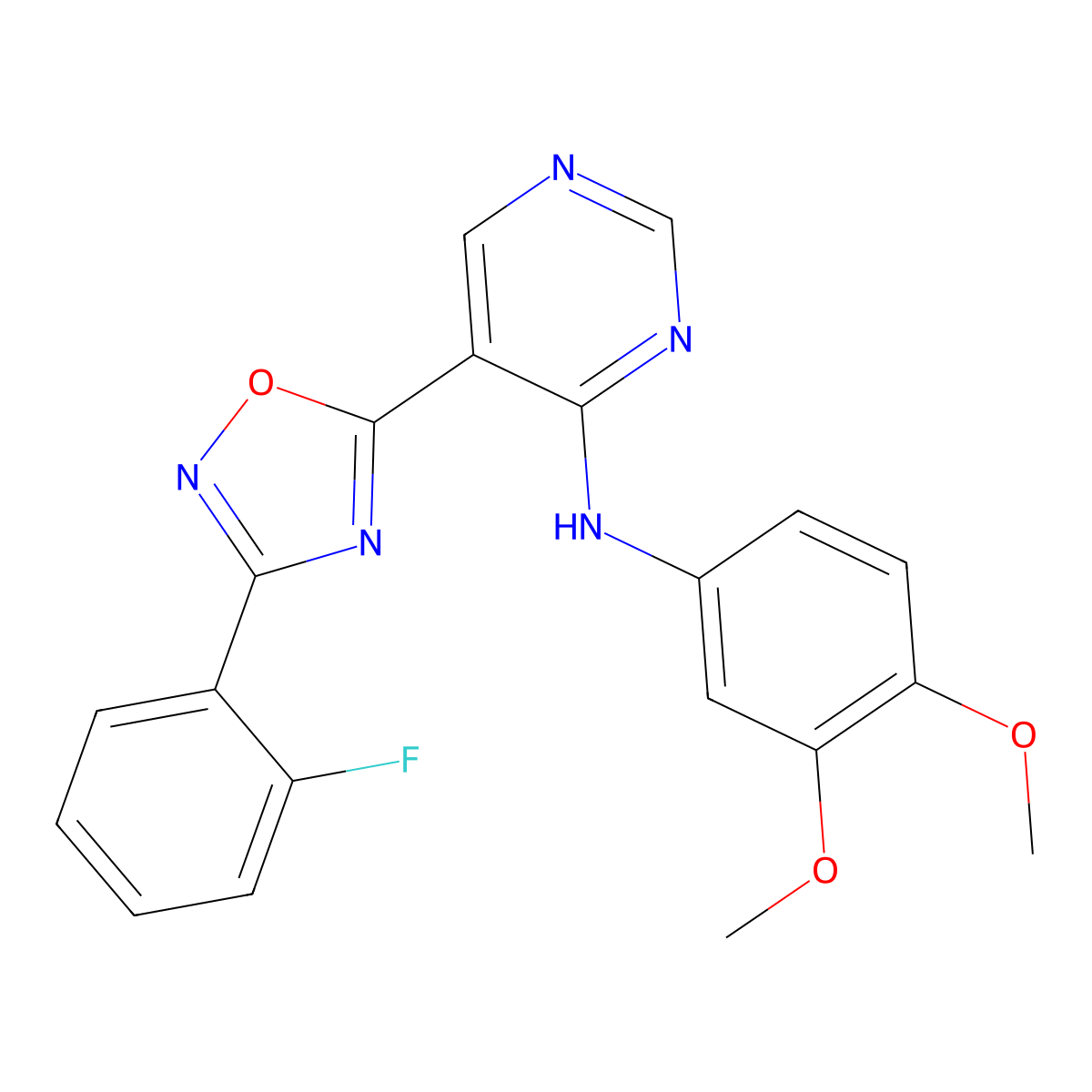 N-(3,4-dimethoxyphenyl)-5-[3-(2-fluorophenyl)-1,2,4-oxadiazol-5-yl]pyrimidin-4-amine molecular structure, CAS 2034511-54-9