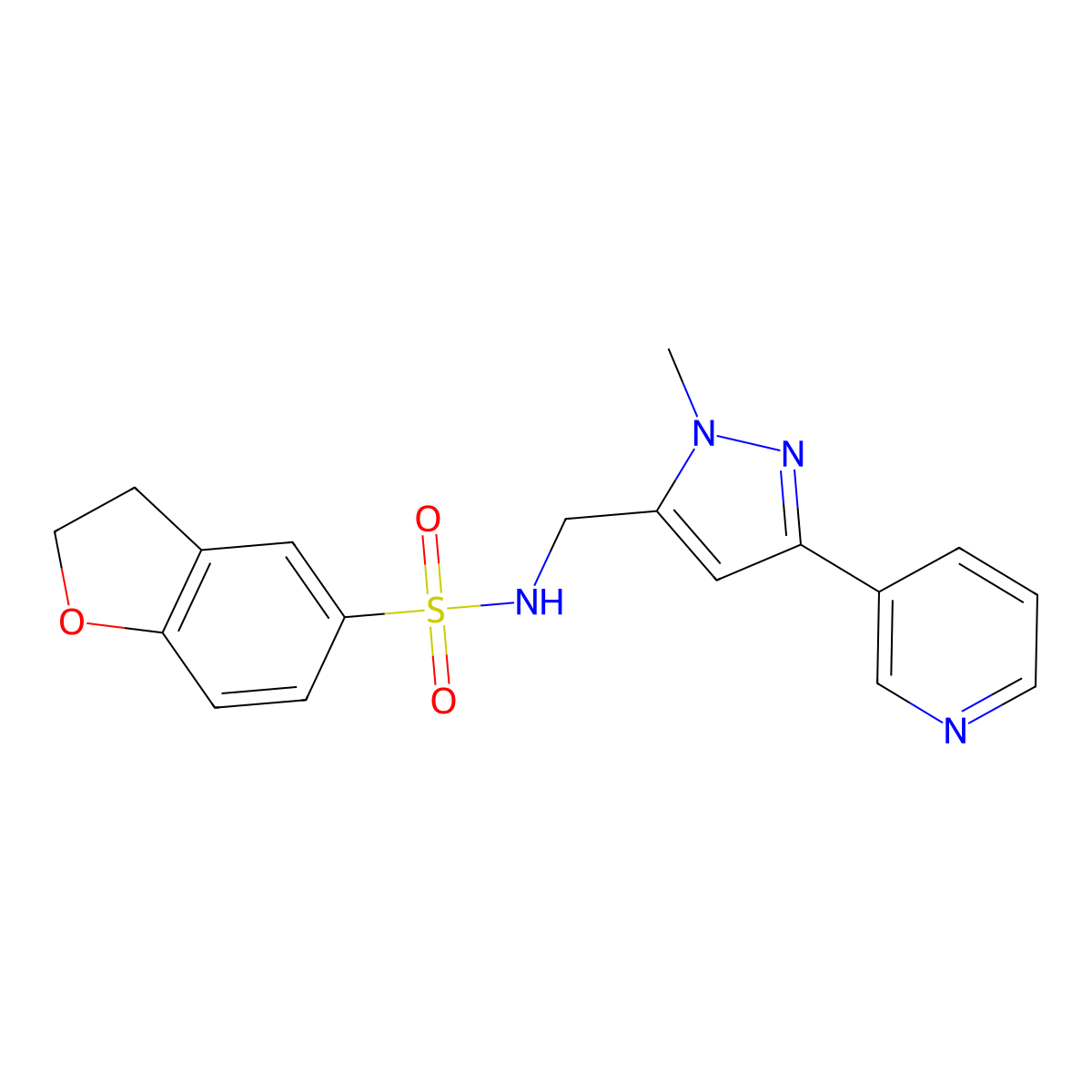 N-((1-methyl-3-(pyridin-3-yl)-1H-pyrazol-5-yl)methyl)-2,3-dihydrobenzofuran-5-sulfonamide molecular structure, CAS 2034511-56-1
