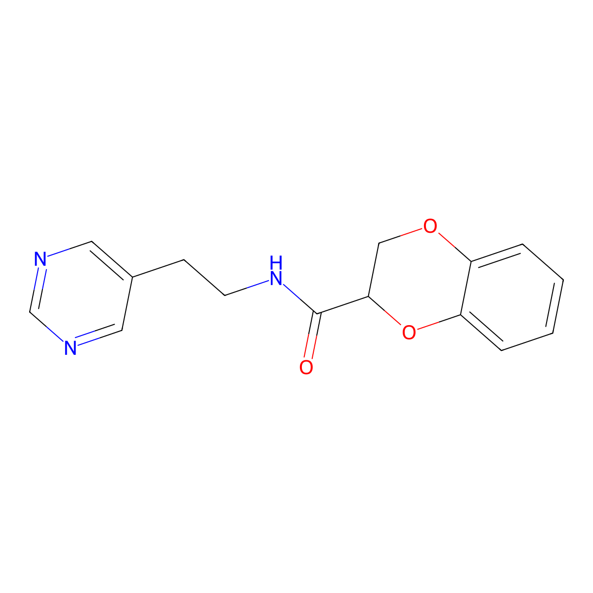 N-(2-(pyrimidin-5-yl)ethyl)-2,3-dihydrobenzo[b][1,4]dioxine-2-carboxamide molecular structure, CAS 2034511-58-3
