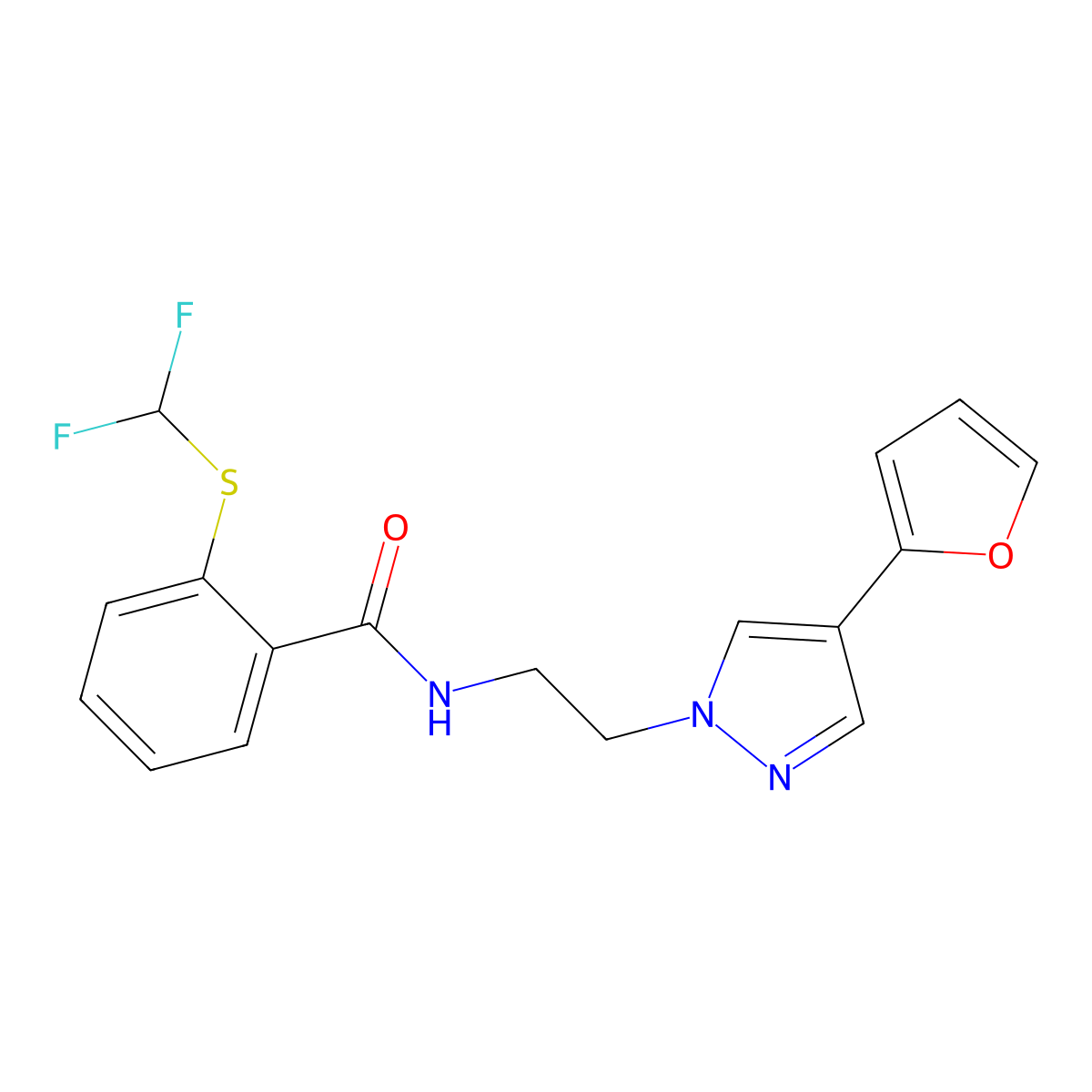 2-((difluoromethyl)thio)-N-(2-(4-(furan-2-yl)-1H-pyrazol-1-yl)ethyl)benzamide molecular structure, CAS 2034511-60-7