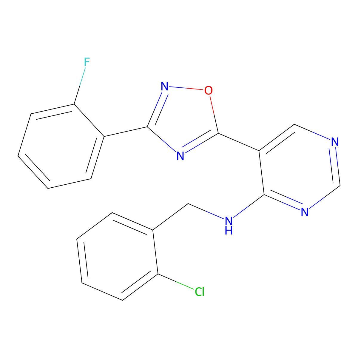 N-(2-chlorobenzyl)-5-(3-(2-fluorophenyl)-1,2,4-oxadiazol-5-yl)pyrimidin-4-amine molecular structure, CAS 2034511-61-8