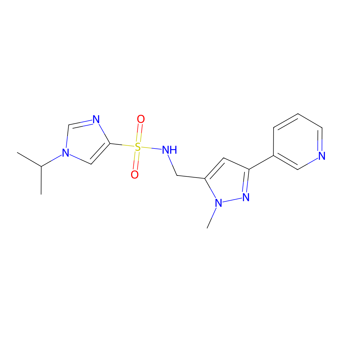 1-isopropyl-N-((1-methyl-3-(pyridin-3-yl)-1H-pyrazol-5-yl)methyl)-1H-imidazole-4-sulfonamide molecular structure, CAS 2034511-73-2