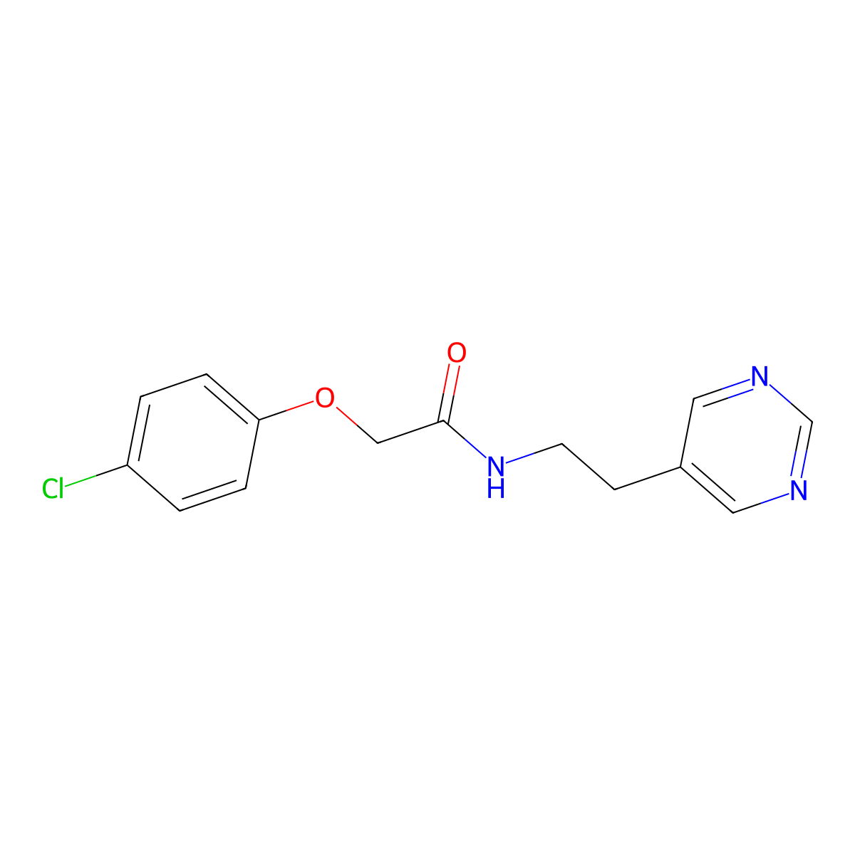 2-(4-chlorophenoxy)-N-(2-(pyrimidin-5-yl)ethyl)acetamide molecular structure, CAS 2034511-74-3
