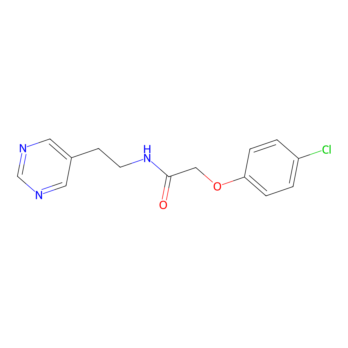 2-(4-chlorophenoxy)-N-(2-(pyrimidin-5-yl)ethyl)acetamide molecular structure, CAS 2034511-74-3