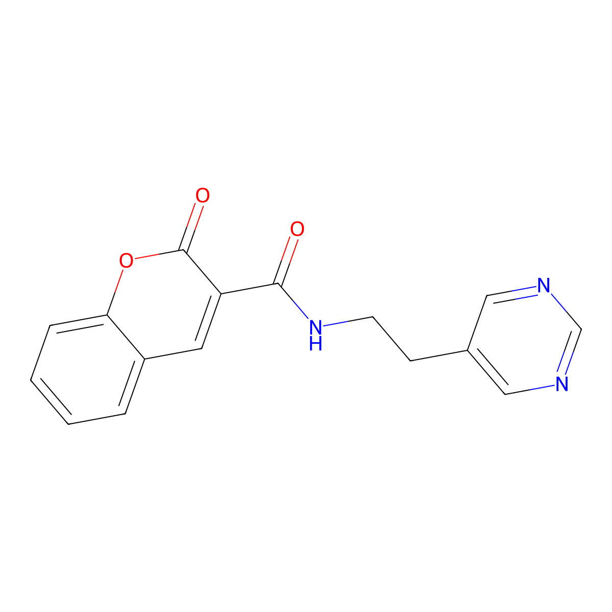 2-oxo-N-(2-(pyrimidin-5-yl)ethyl)-2H-chromene-3-carboxamide molecular structure, CAS 2034511-77-6