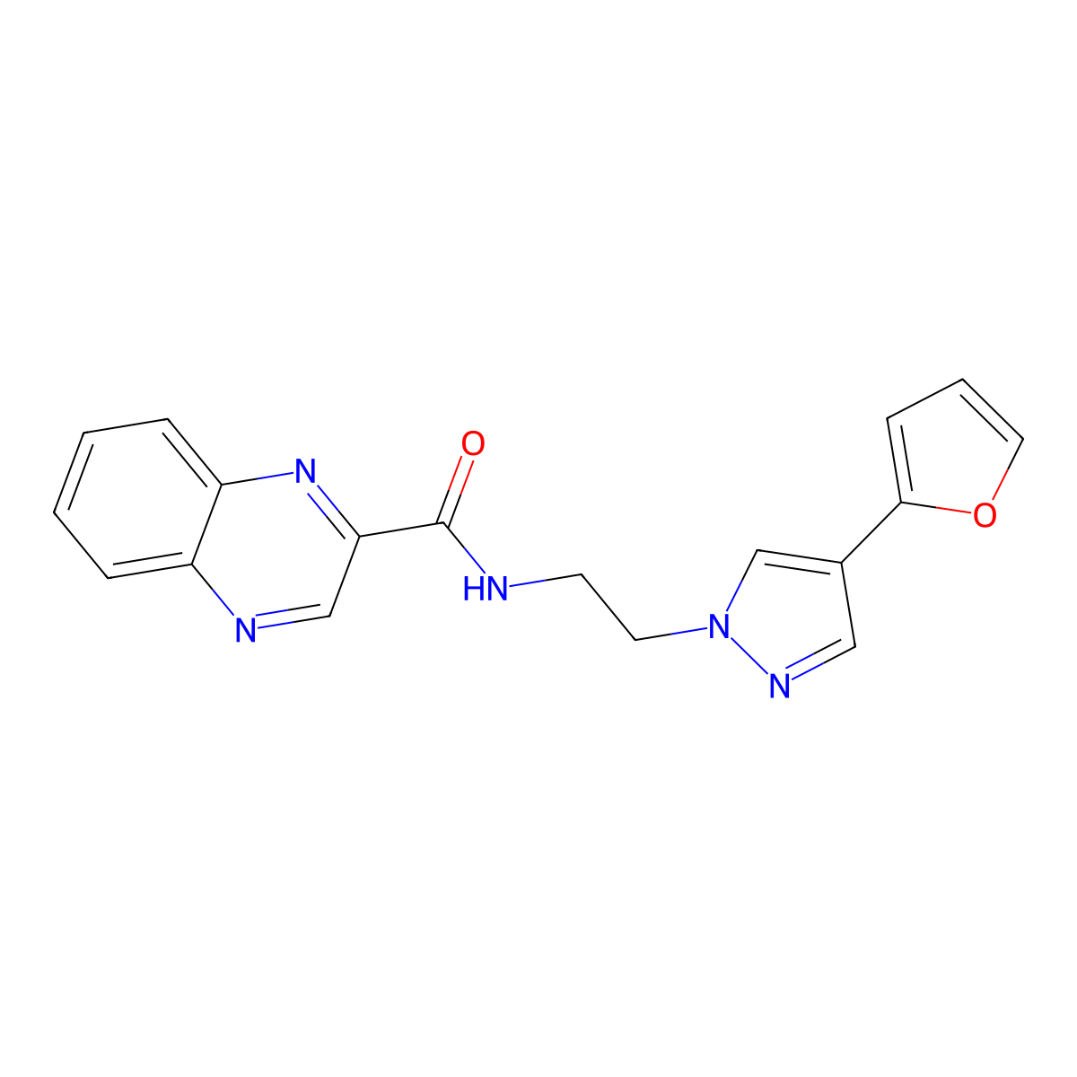 N-(2-(4-(furan-2-yl)-1H-pyrazol-1-yl)ethyl)quinoxaline-2-carboxamide molecular structure, CAS 2034511-78-7