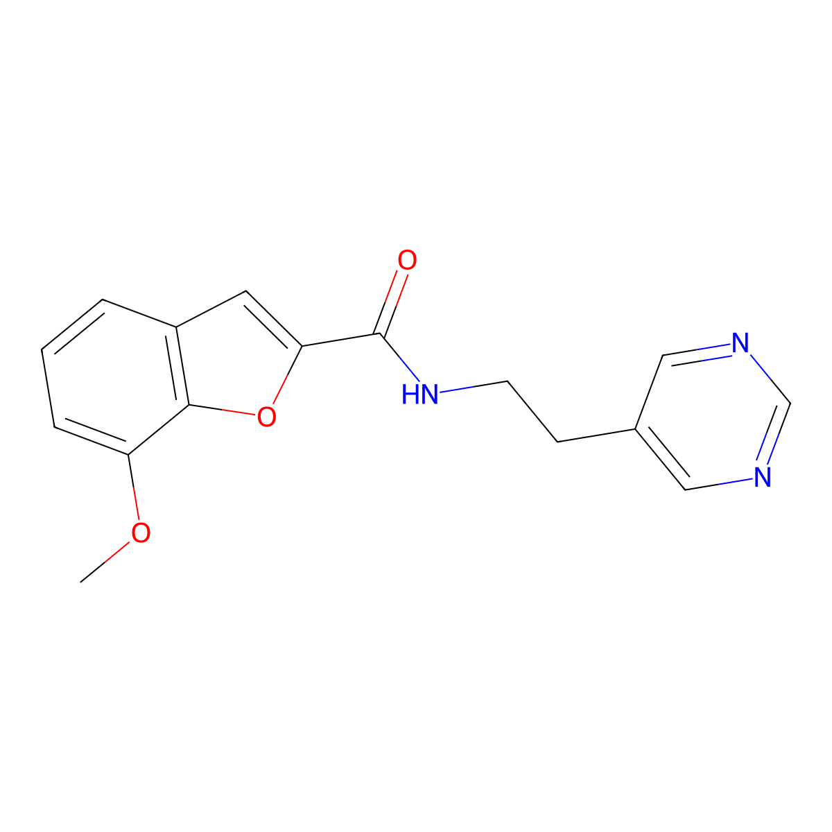 7-methoxy-N-(2-(pyrimidin-5-yl)ethyl)benzofuran-2-carboxamide molecular structure, CAS 2034511-82-3