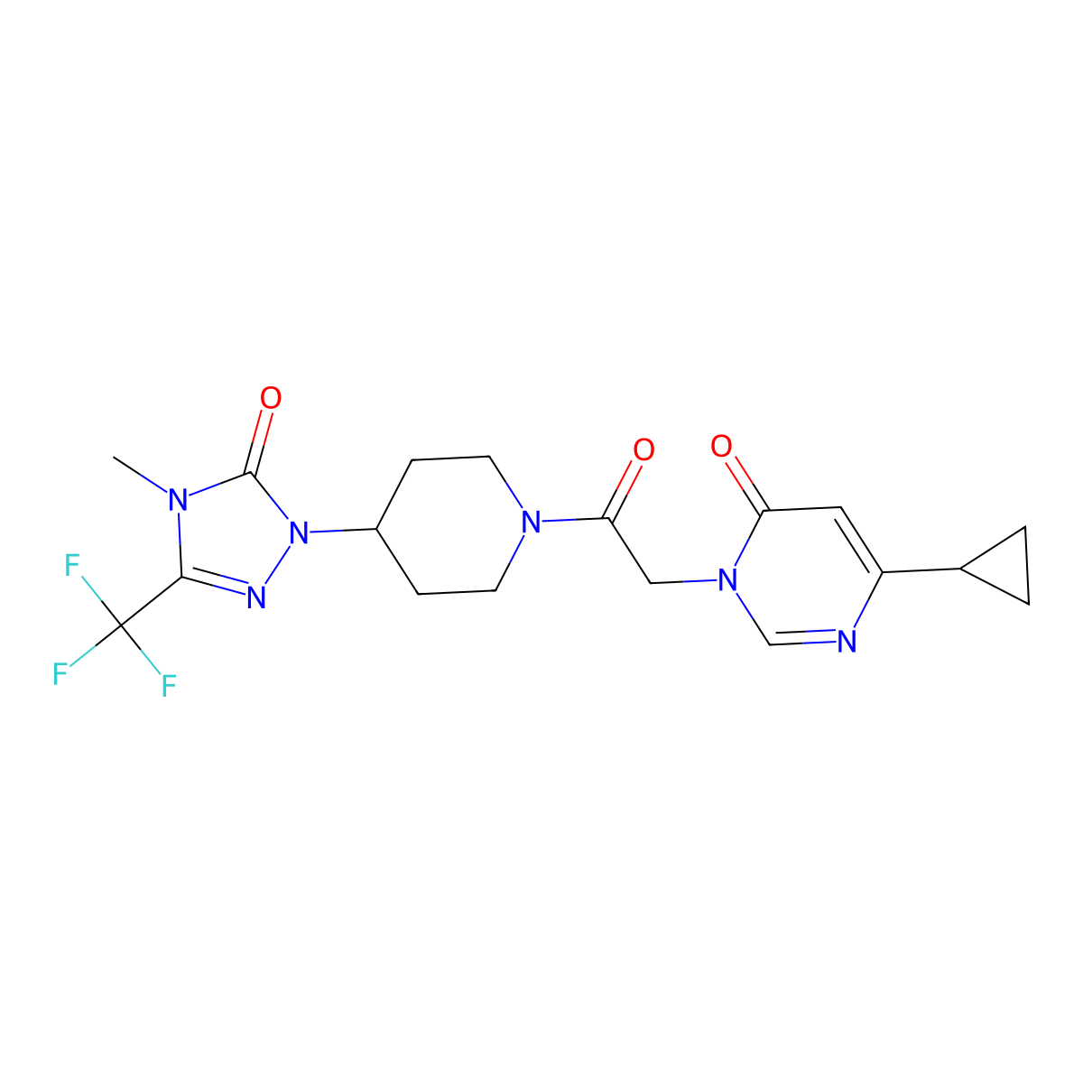 6-cyclopropyl-3-(2-(4-(4-methyl-5-oxo-3-(trifluoromethyl)-4,5-dihydro-1H-1,2,4-triazol-1-yl)piperidin-1-yl)-2-oxoethyl)pyrimidin-4(3H)-one molecular structure, CAS 2034511-84-5