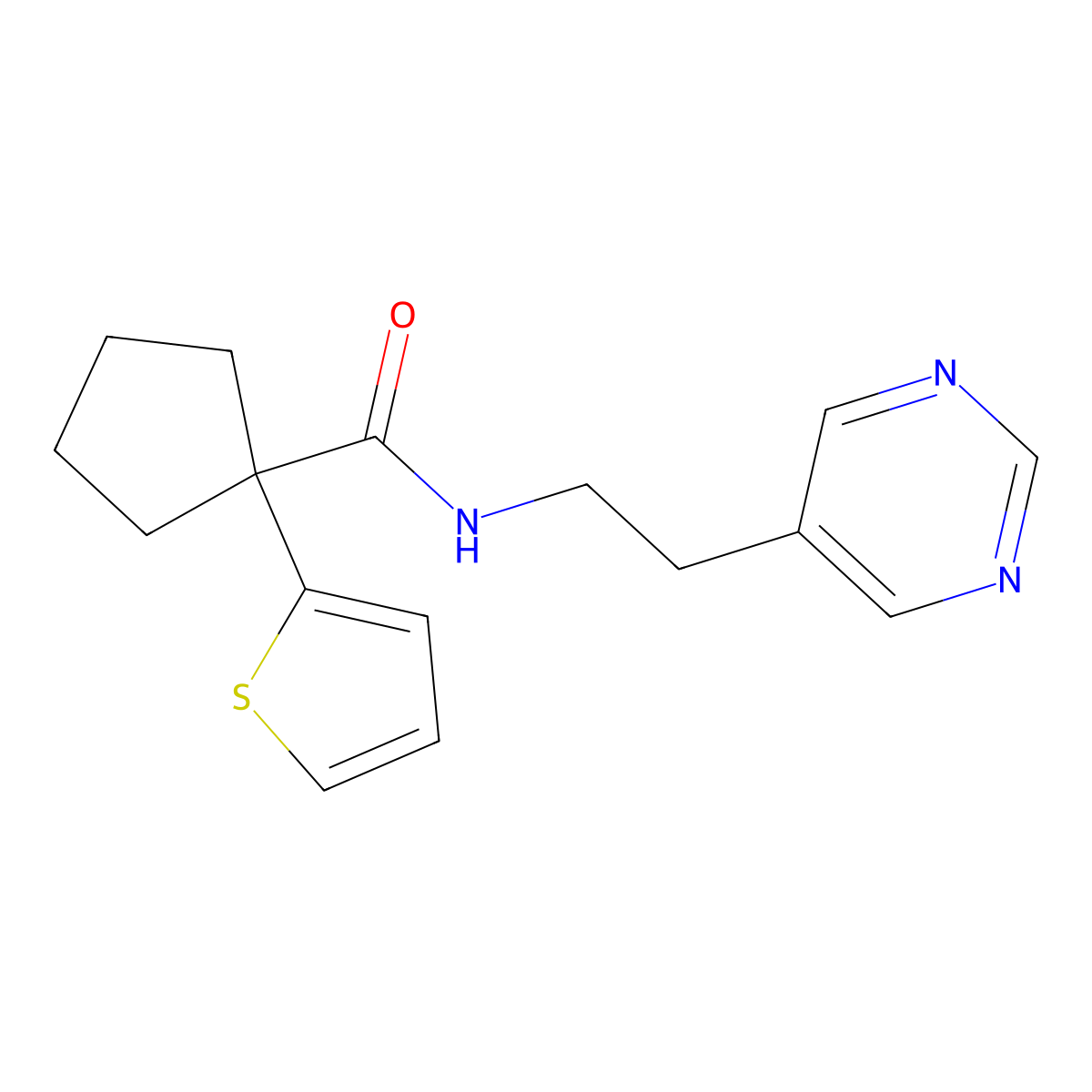 N-(2-(pyrimidin-5-yl)ethyl)-1-(thiophen-2-yl)cyclopentanecarboxamide molecular structure, CAS 2034511-88-9