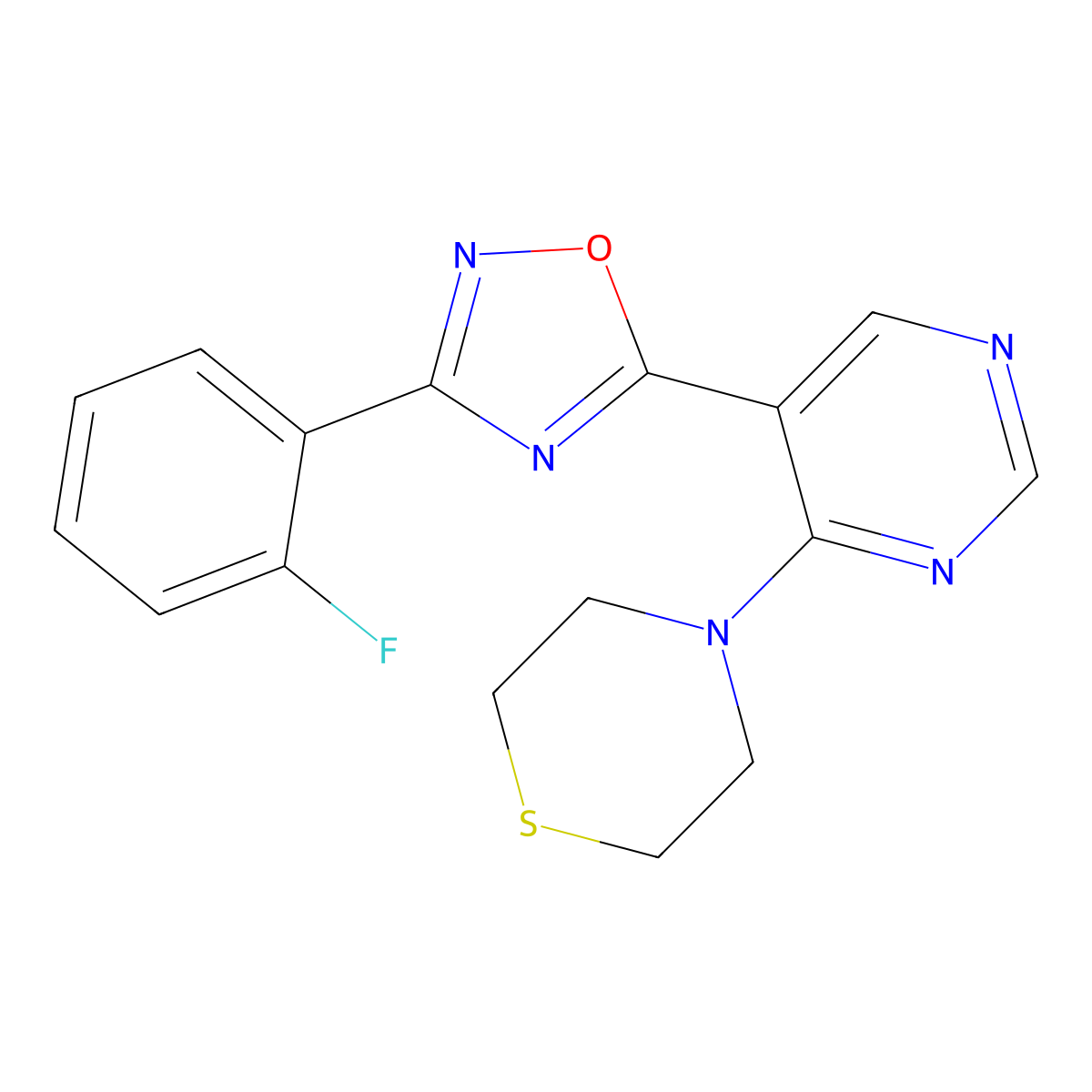 3-(2-Fluorophenyl)-5-(4-thiomorpholinopyrimidin-5-yl)-1,2,4-oxadiazole molecular structure, CAS 2034511-89-0