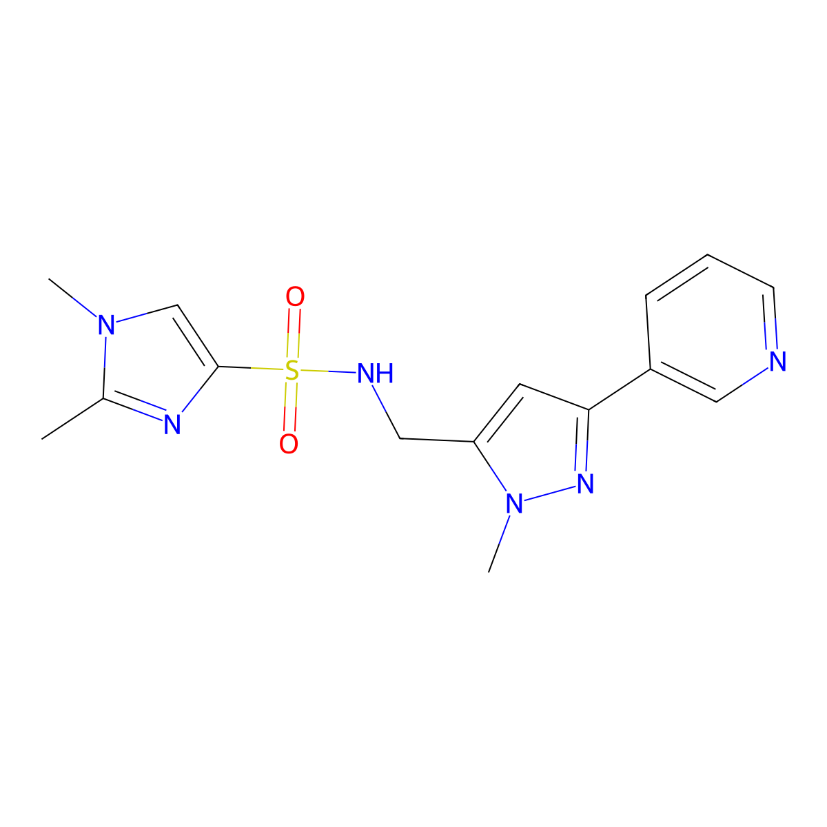 1,2-dimethyl-N-{[1-methyl-3-(pyridin-3-yl)-1H-pyrazol-5-yl]methyl}-1H-imidazole-4-sulfonamide molecular structure, CAS 2034511-91-4
