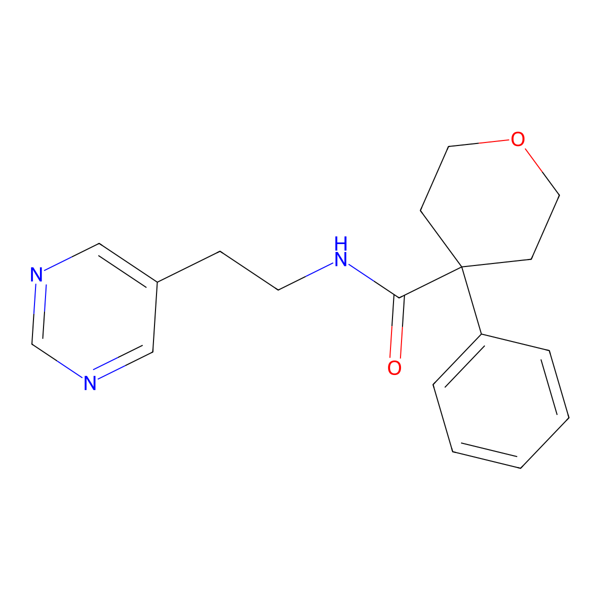 4-phenyl-N-(2-(pyrimidin-5-yl)ethyl)tetrahydro-2H-pyran-4-carboxamide molecular structure, CAS 2034511-94-7