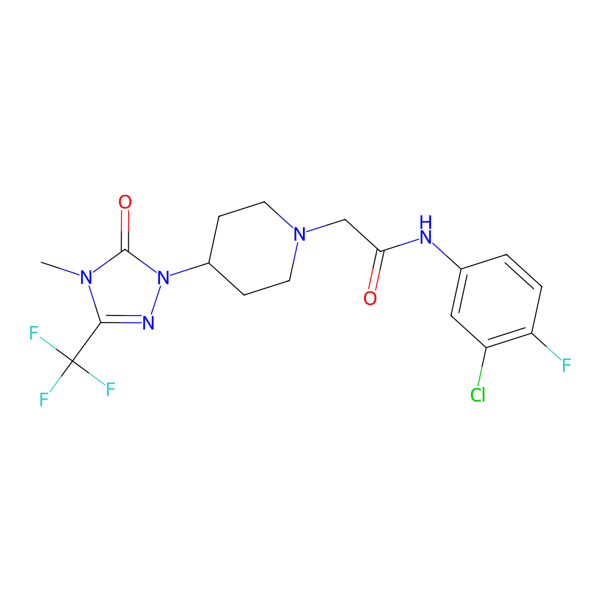 N-(3-chloro-4-fluorophenyl)-2-(4-(4-methyl-5-oxo-3-(trifluoromethyl)-4,5-dihydro-1H-1,2,4-triazol-1-yl)piperidin-1-yl)acetamide molecular structure, CAS 2034511-96-9