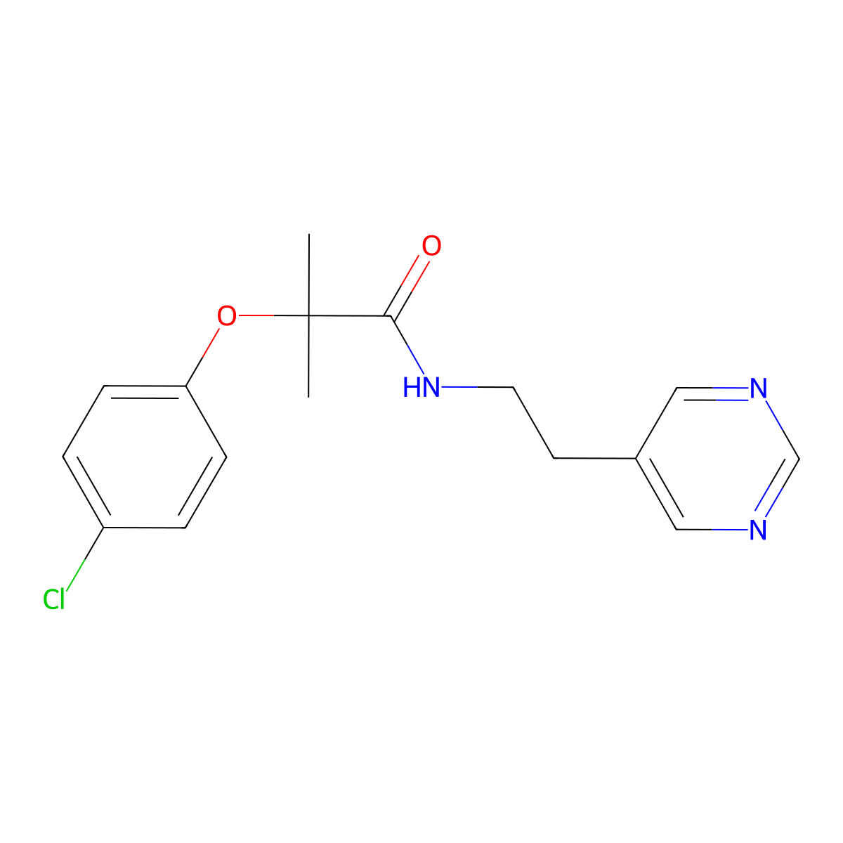 2-(4-chlorophenoxy)-2-methyl-N-(2-(pyrimidin-5-yl)ethyl)propanamide molecular structure, CAS 2034512-00-8
