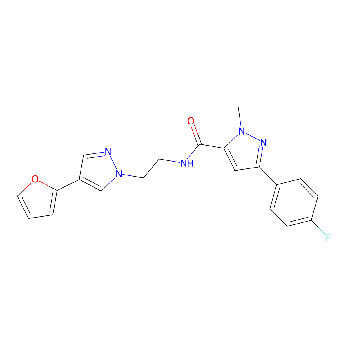 3-(4-fluorophenyl)-N-{2-[4-(furan-2-yl)-1H-pyrazol-1-yl]ethyl}-1-methyl-1H-pyrazole-5-carboxamide molecular structure, CAS 2034512-04-2