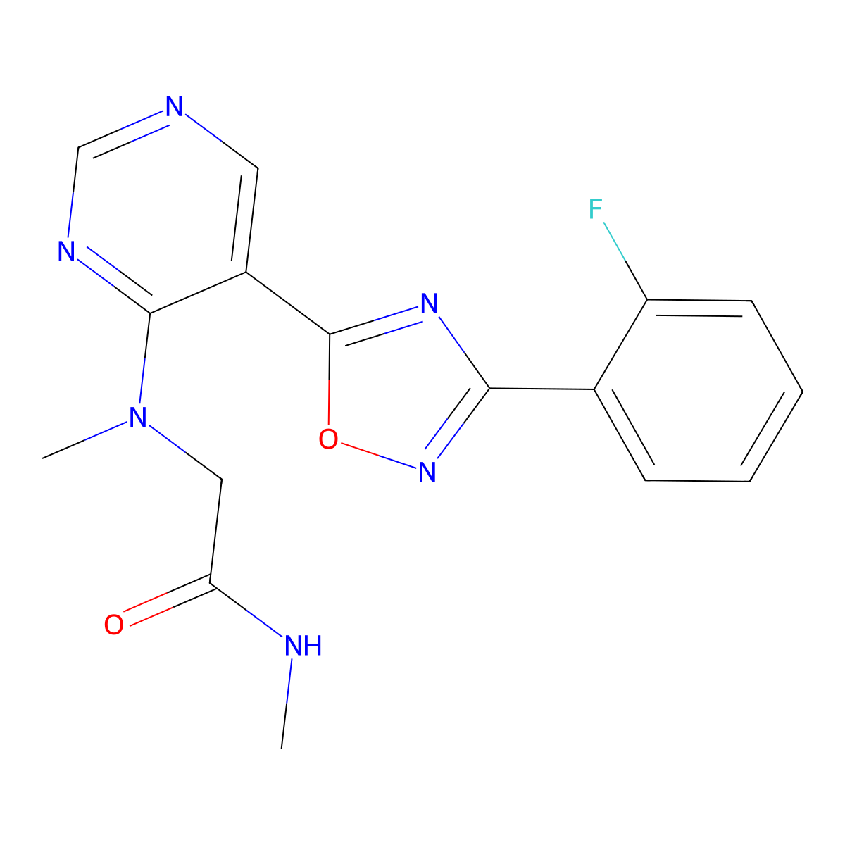 2-((5-(3-(2-fluorophenyl)-1,2,4-oxadiazol-5-yl)pyrimidin-4-yl)(methyl)amino)-N-methylacetamide molecular structure, CAS 2034512-05-3