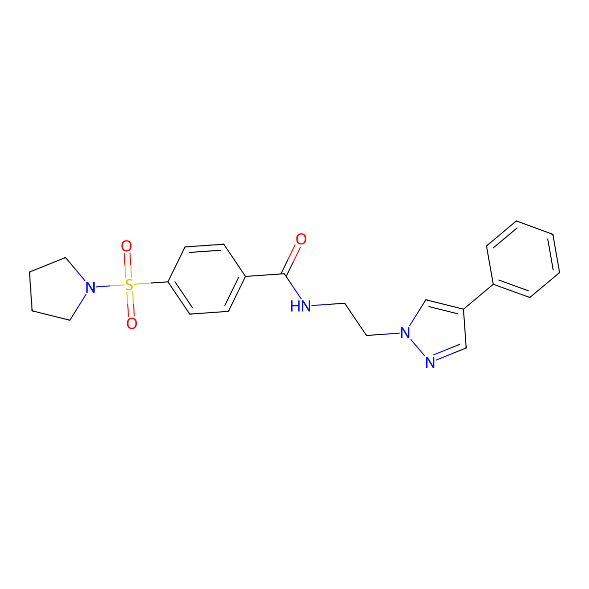 N-(2-(4-phenyl-1H-pyrazol-1-yl)ethyl)-4-(pyrrolidin-1-ylsulfonyl)benzamide molecular structure, CAS 2034512-13-3