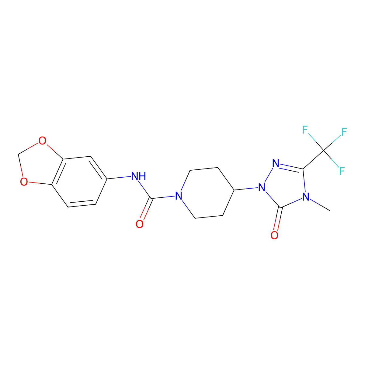 N-(benzo[d][1,3]dioxol-5-yl)-4-(4-methyl-5-oxo-3-(trifluoromethyl)-4,5-dihydro-1H-1,2,4-triazol-1-yl)piperidine-1-carboxamide molecular structure, CAS 2034512-14-4