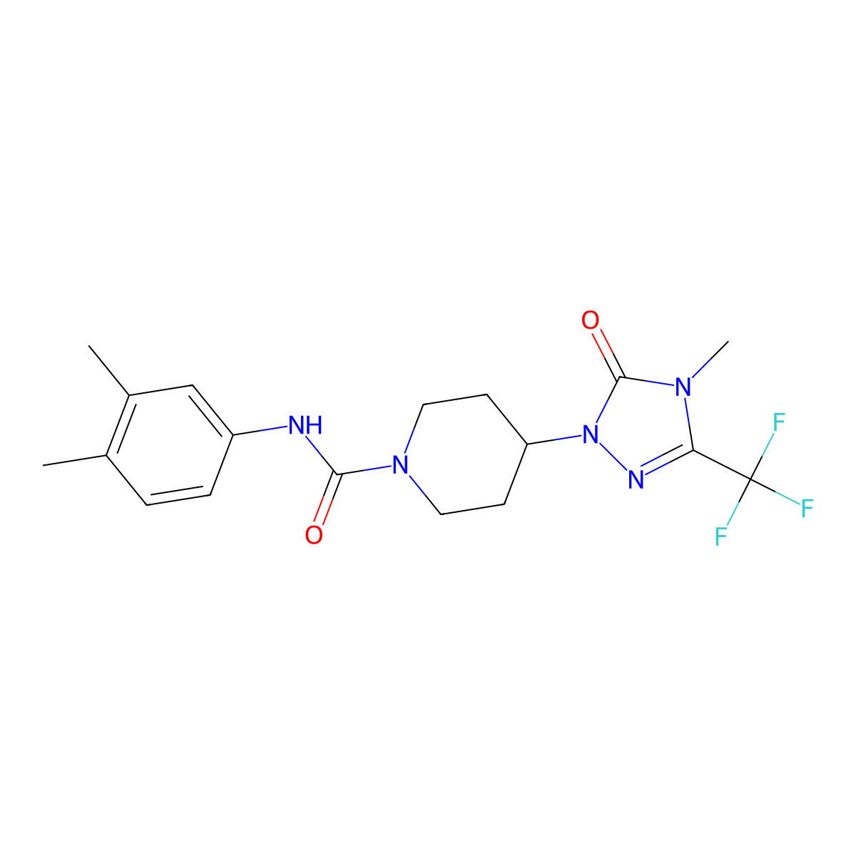 N-(3,4-dimethylphenyl)-4-[4-methyl-5-oxo-3-(trifluoromethyl)-4,5-dihydro-1H-1,2,4-triazol-1-yl]piperidine-1-carboxamide molecular structure, CAS 2034512-17-7