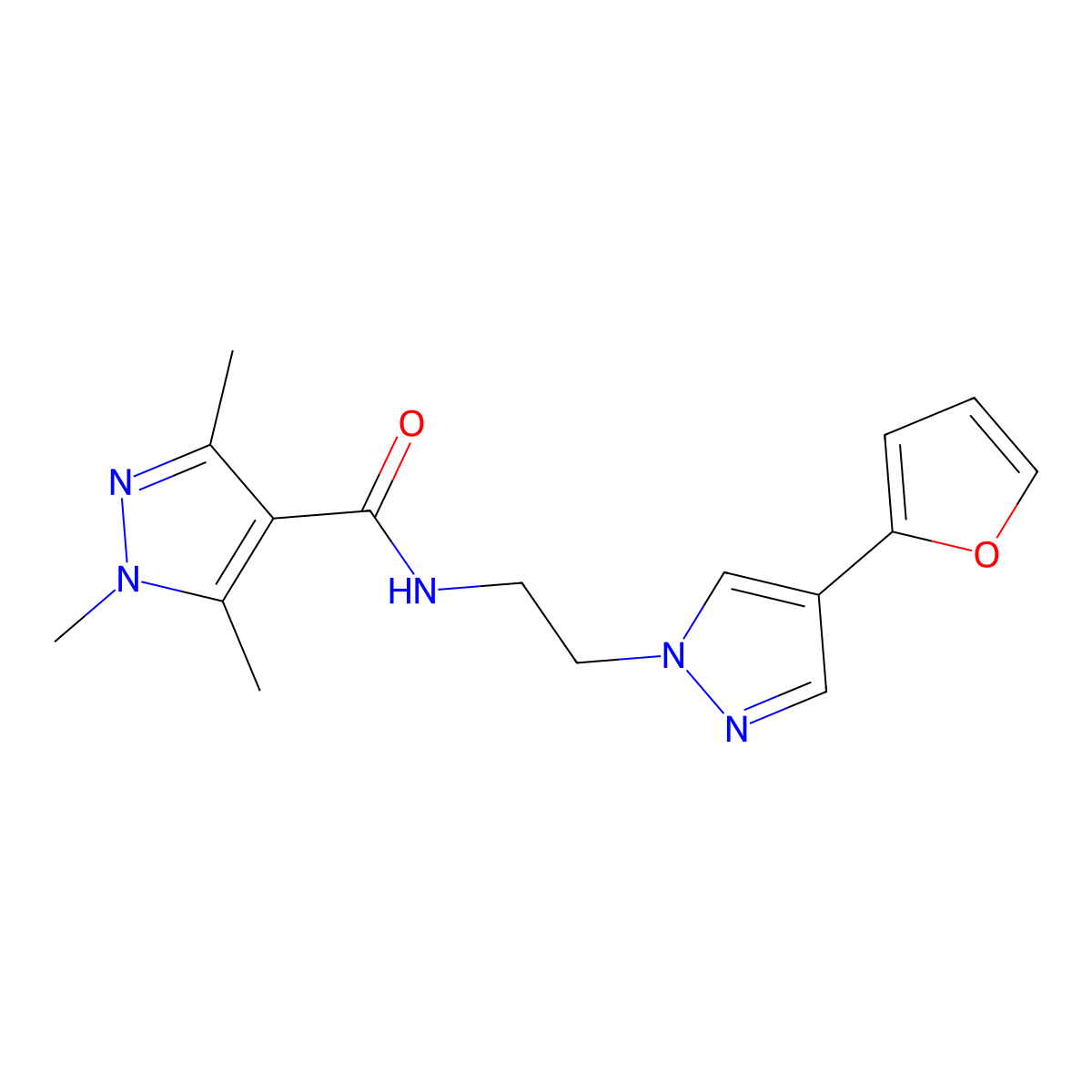 N-(2-(4-(furan-2-yl)-1H-pyrazol-1-yl)ethyl)-1,3,5-trimethyl-1H-pyrazole-4-carboxamide molecular structure, CAS 2034512-51-9
