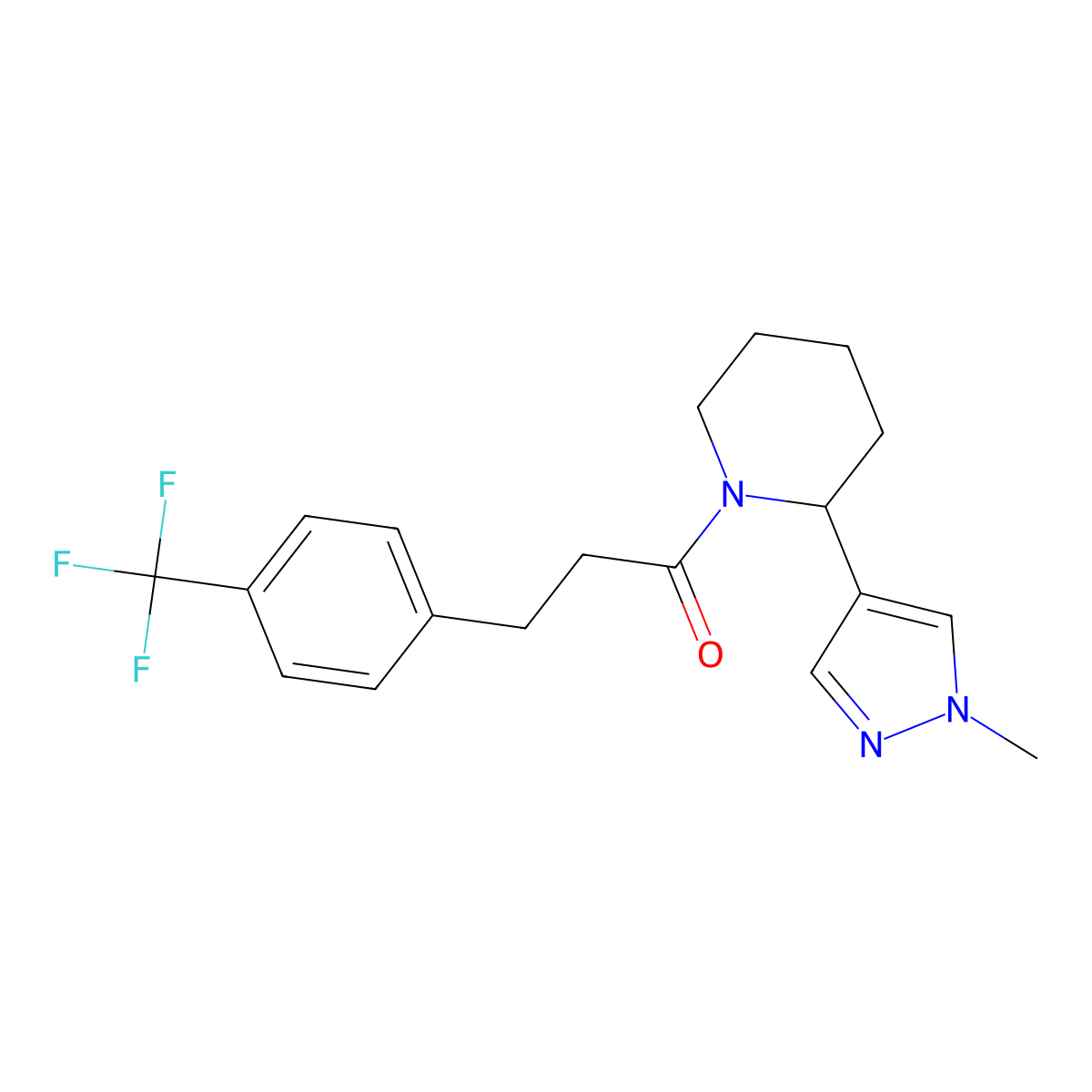 1-[2-(1-methyl-1H-pyrazol-4-yl)piperidin-1-yl]-3-[4-(trifluoromethyl)phenyl]propan-1-one molecular structure, CAS 2034512-55-3