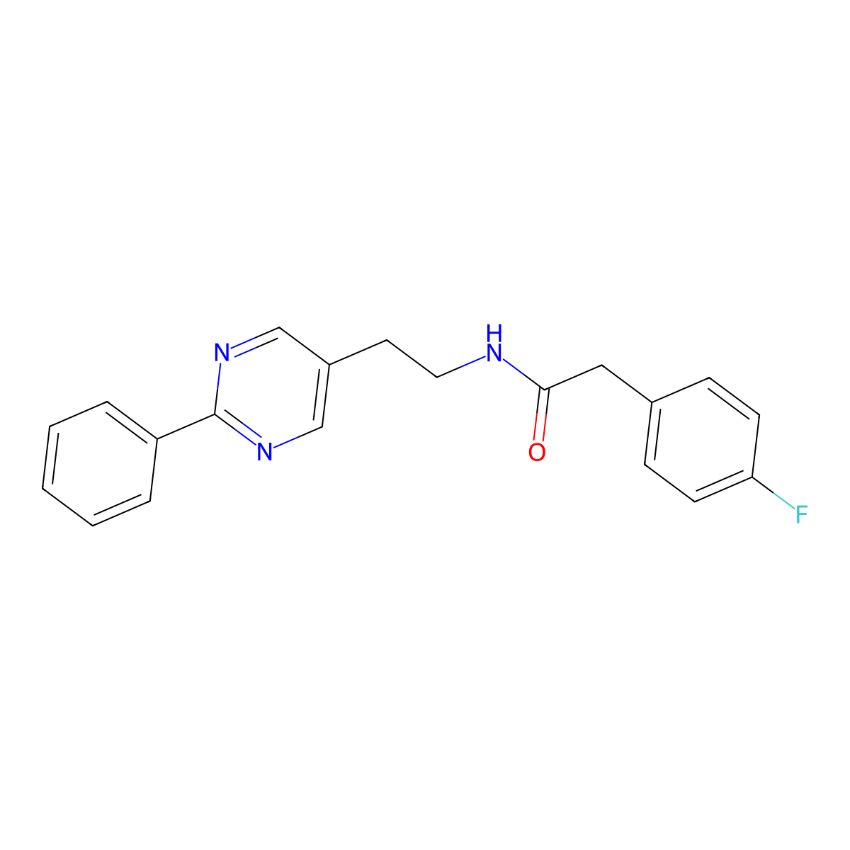 2-(4-fluorophenyl)-N-(2-(2-phenylpyrimidin-5-yl)ethyl)acetamide molecular structure, CAS 2034512-57-5