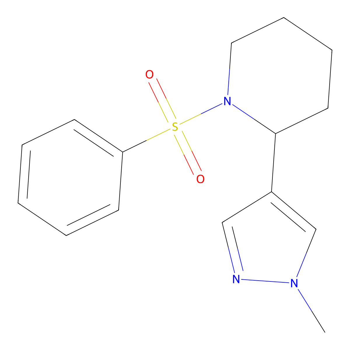 2-(1-methyl-1H-pyrazol-4-yl)-1-(phenylsulfonyl)piperidine molecular structure, CAS 2034512-62-2