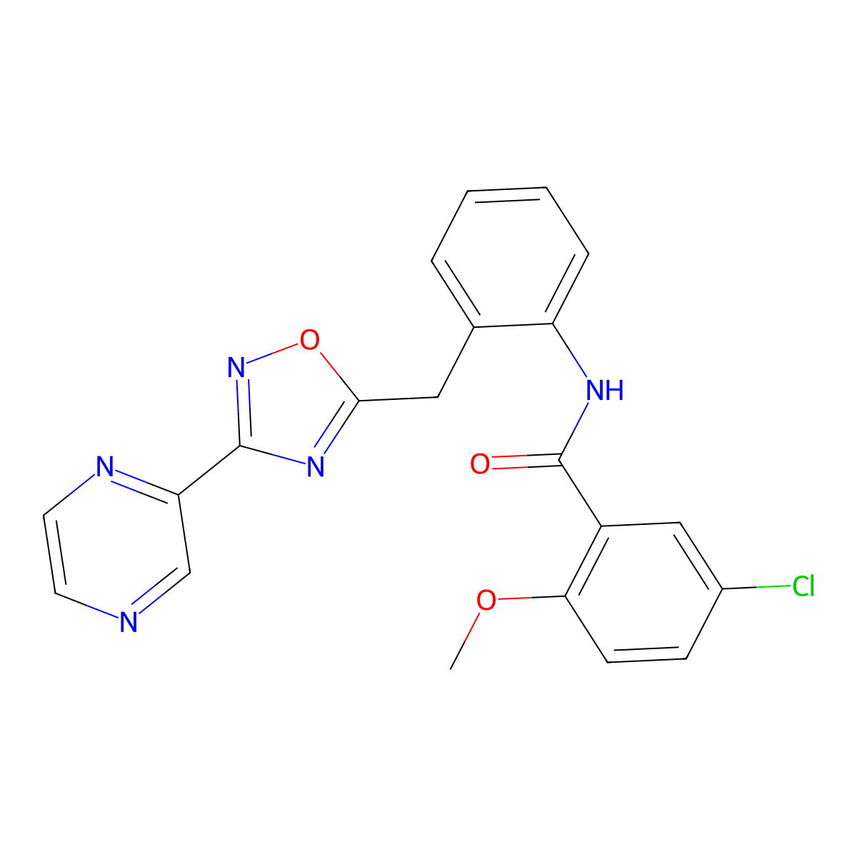 5-chloro-2-methoxy-N-(2-((3-(pyrazin-2-yl)-1,2,4-oxadiazol-5-yl)methyl)phenyl)benzamide molecular structure, CAS 2034512-63-3