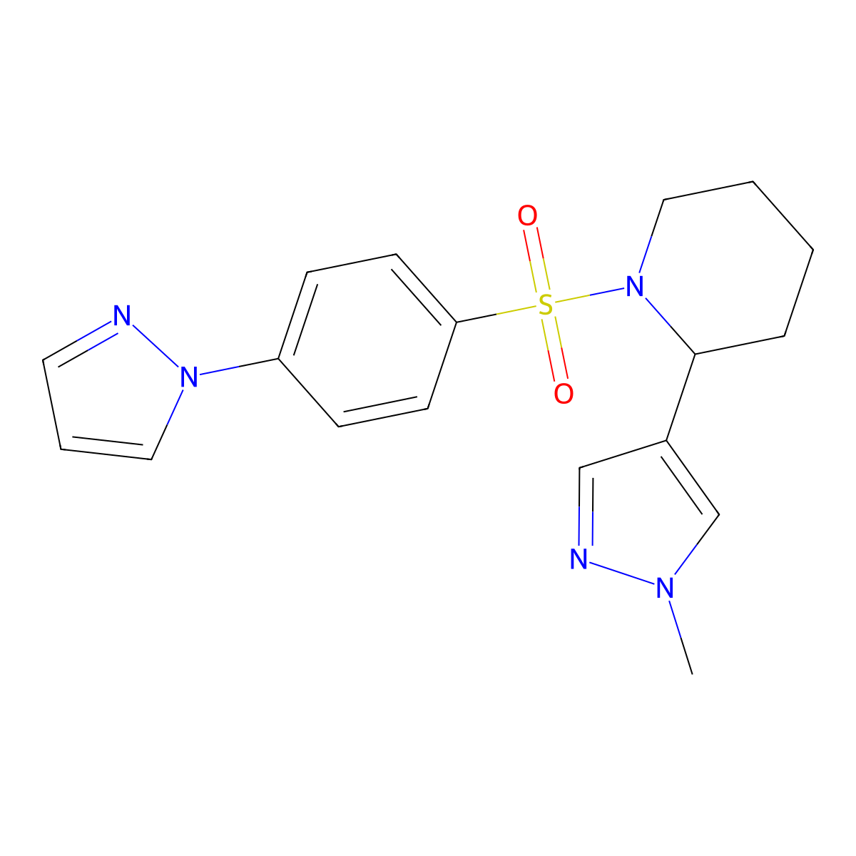 1-((4-(1H-pyrazol-1-yl)phenyl)sulfonyl)-2-(1-methyl-1H-pyrazol-4-yl)piperidine molecular structure, CAS 2034512-75-7