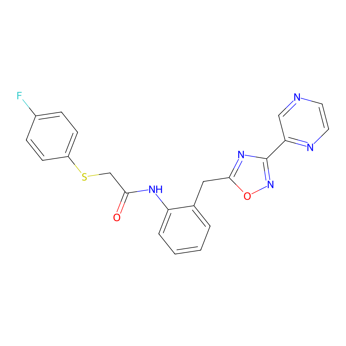 2-((4-fluorophenyl)thio)-N-(2-((3-(pyrazin-2-yl)-1,2,4-oxadiazol-5-yl)methyl)phenyl)acetamide molecular structure, CAS 2034512-83-7