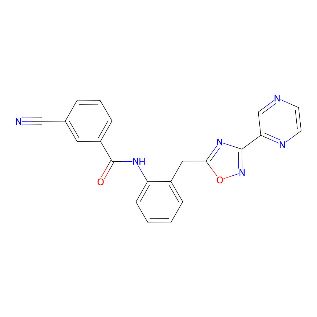 3-cyano-N-(2-((3-(pyrazin-2-yl)-1,2,4-oxadiazol-5-yl)methyl)phenyl)benzamide molecular structure, CAS 2034512-94-0