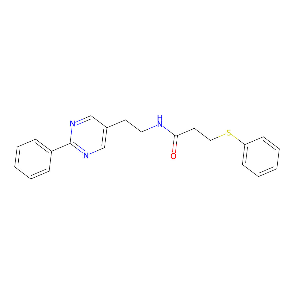 N-(2-(2-phenylpyrimidin-5-yl)ethyl)-3-(phenylthio)propanamide molecular structure, CAS 2034513-01-2
