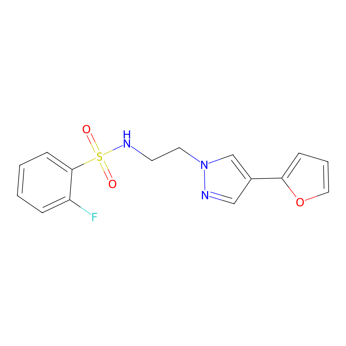 2-fluoro-N-(2-(4-(furan-2-yl)-1H-pyrazol-1-yl)ethyl)benzenesulfonamide molecular structure, CAS 2034513-02-3