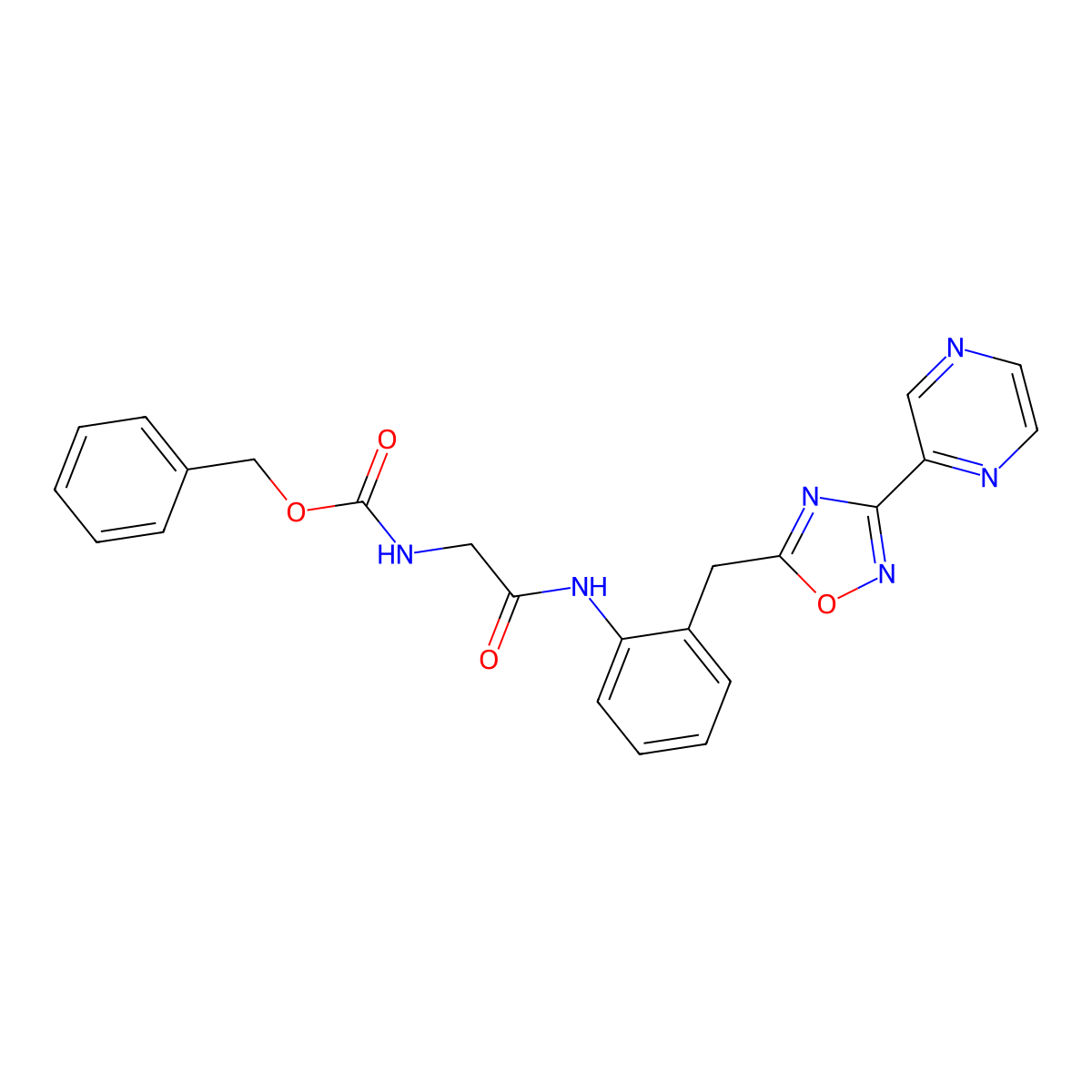 Benzyl (2-oxo-2-((2-((3-(pyrazin-2-yl)-1,2,4-oxadiazol-5-yl)methyl)phenyl)amino)ethyl)carbamate molecular structure, CAS 2034513-03-4