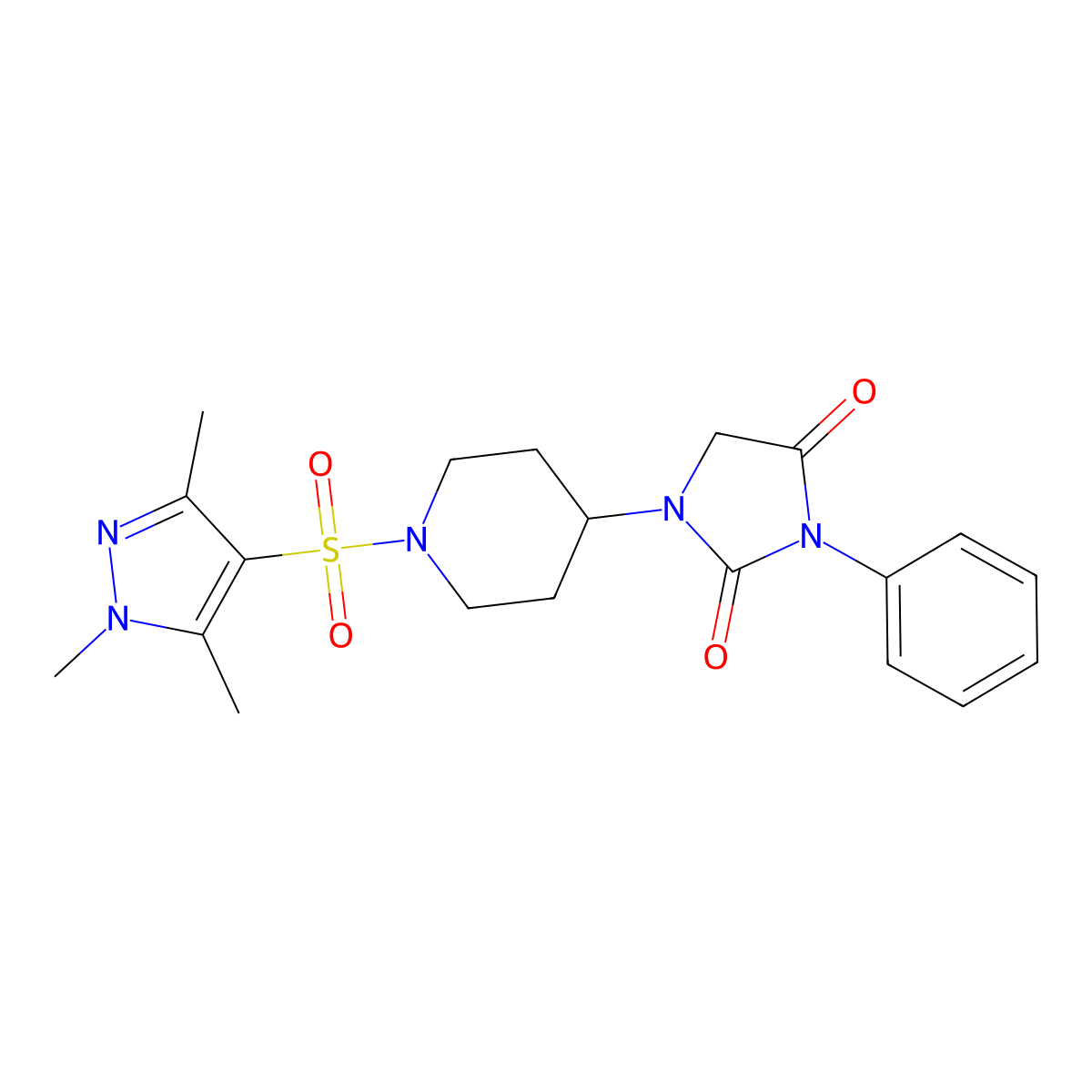 3-phenyl-1-(1-((1,3,5-trimethyl-1H-pyrazol-4-yl)sulfonyl)piperidin-4-yl)imidazolidine-2,4-dione molecular structure, CAS 2034513-05-6