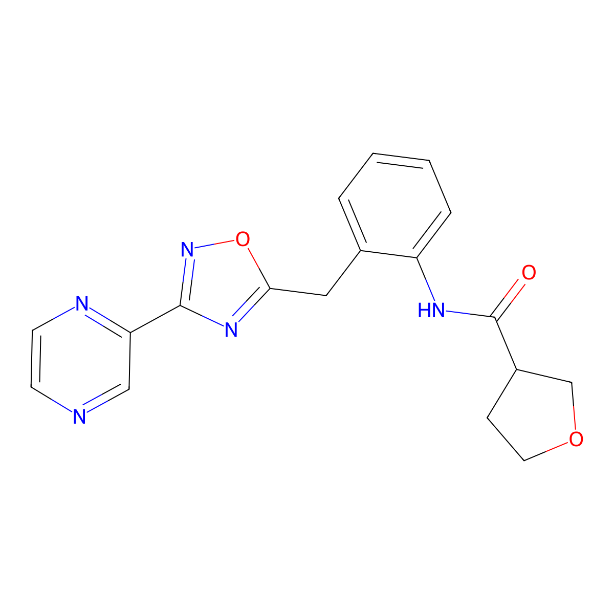 N-(2-((3-(pyrazin-2-yl)-1,2,4-oxadiazol-5-yl)methyl)phenyl)tetrahydrofuran-3-carboxamide molecular structure, CAS 2034513-13-6