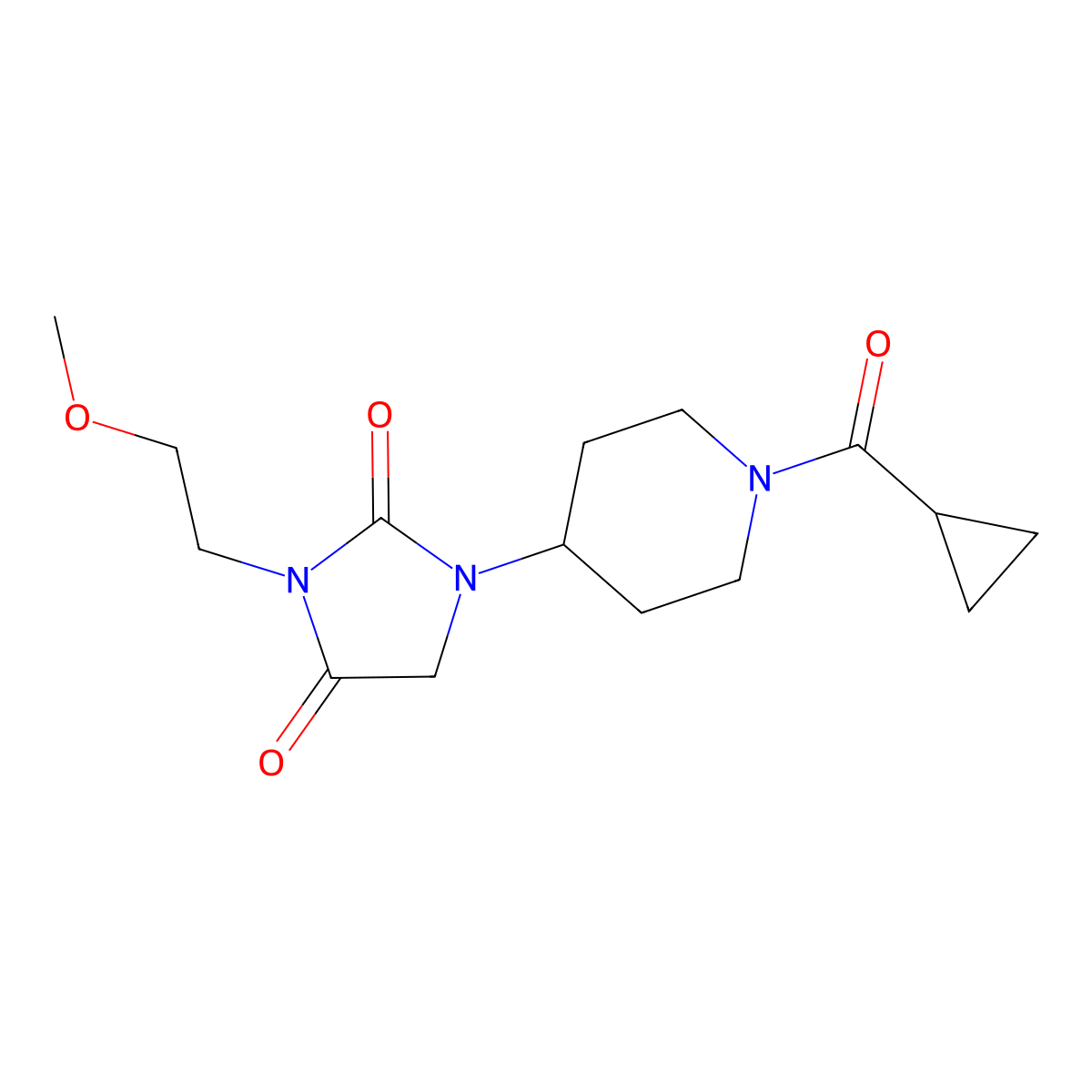 1-(1-(Cyclopropanecarbonyl)piperidin-4-yl)-3-(2-methoxyethyl)imidazolidine-2,4-dione molecular structure, CAS 2034513-16-9