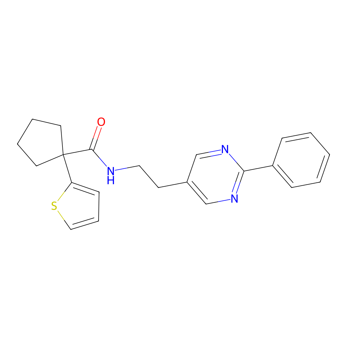 N-(2-(2-phenylpyrimidin-5-yl)ethyl)-1-(thiophen-2-yl)cyclopentanecarboxamide molecular structure, CAS 2034513-17-0