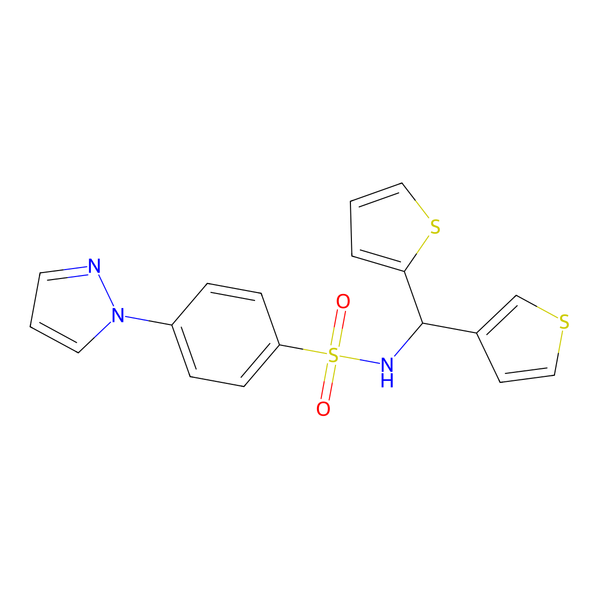 4-(1H-pyrazol-1-yl)-N-(thiophen-2-yl(thiophen-3-yl)methyl)benzenesulfonamide molecular structure, CAS 2034513-21-6