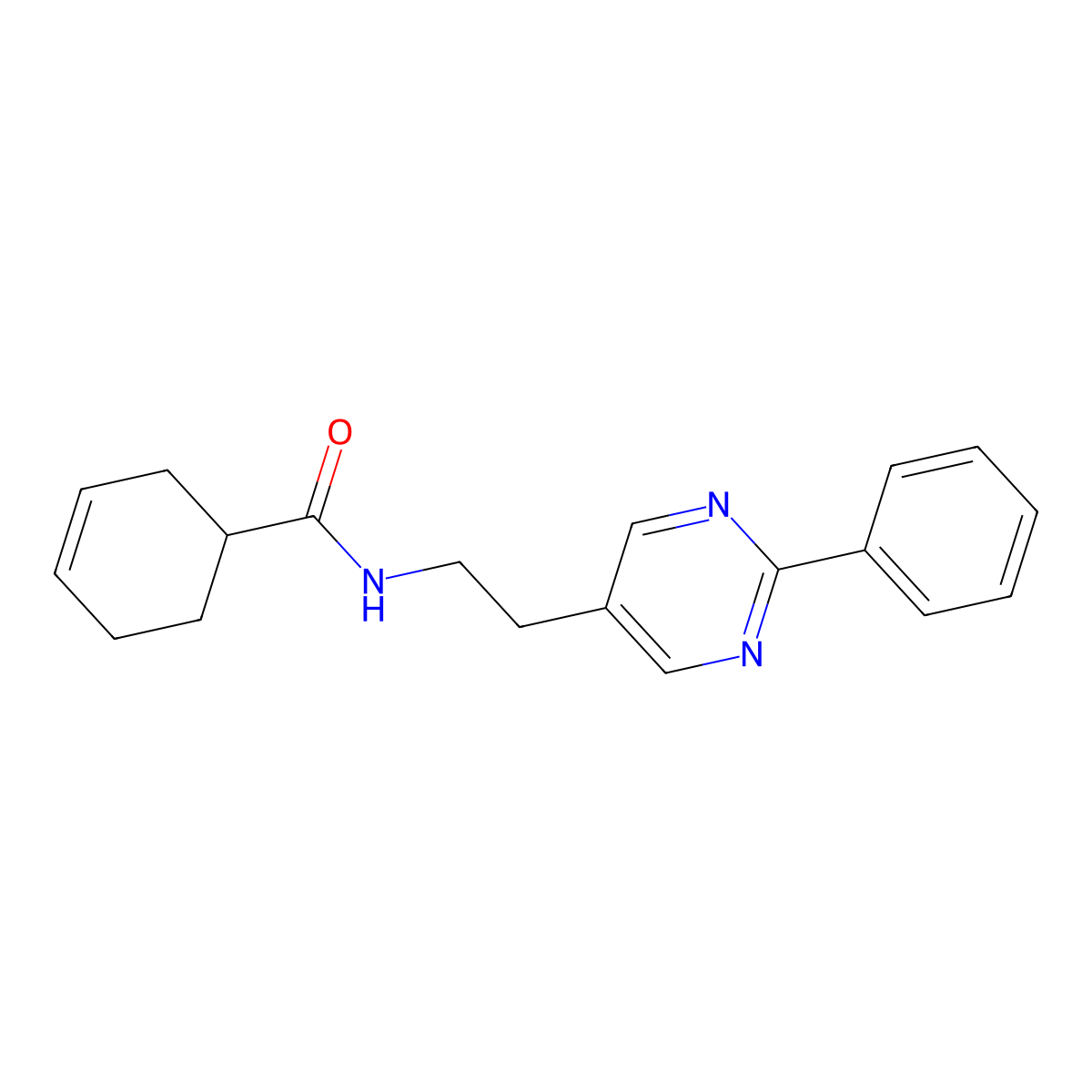 N-(2-(2-phenylpyrimidin-5-yl)ethyl)cyclohex-3-enecarboxamide molecular structure, CAS 2034513-32-9