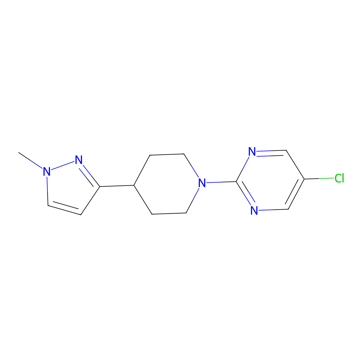 5-chloro-2-(4-(1-methyl-1H-pyrazol-3-yl)piperidin-1-yl)pyrimidine molecular structure, CAS 2034513-43-2