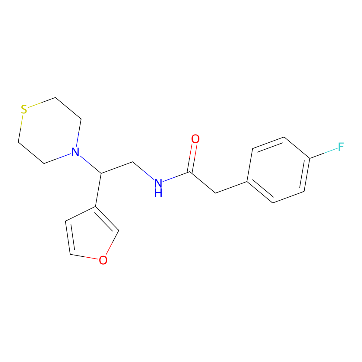 2-(4-fluorophenyl)-N-(2-(furan-3-yl)-2-thiomorpholinoethyl)acetamide molecular structure, CAS 2034513-51-2