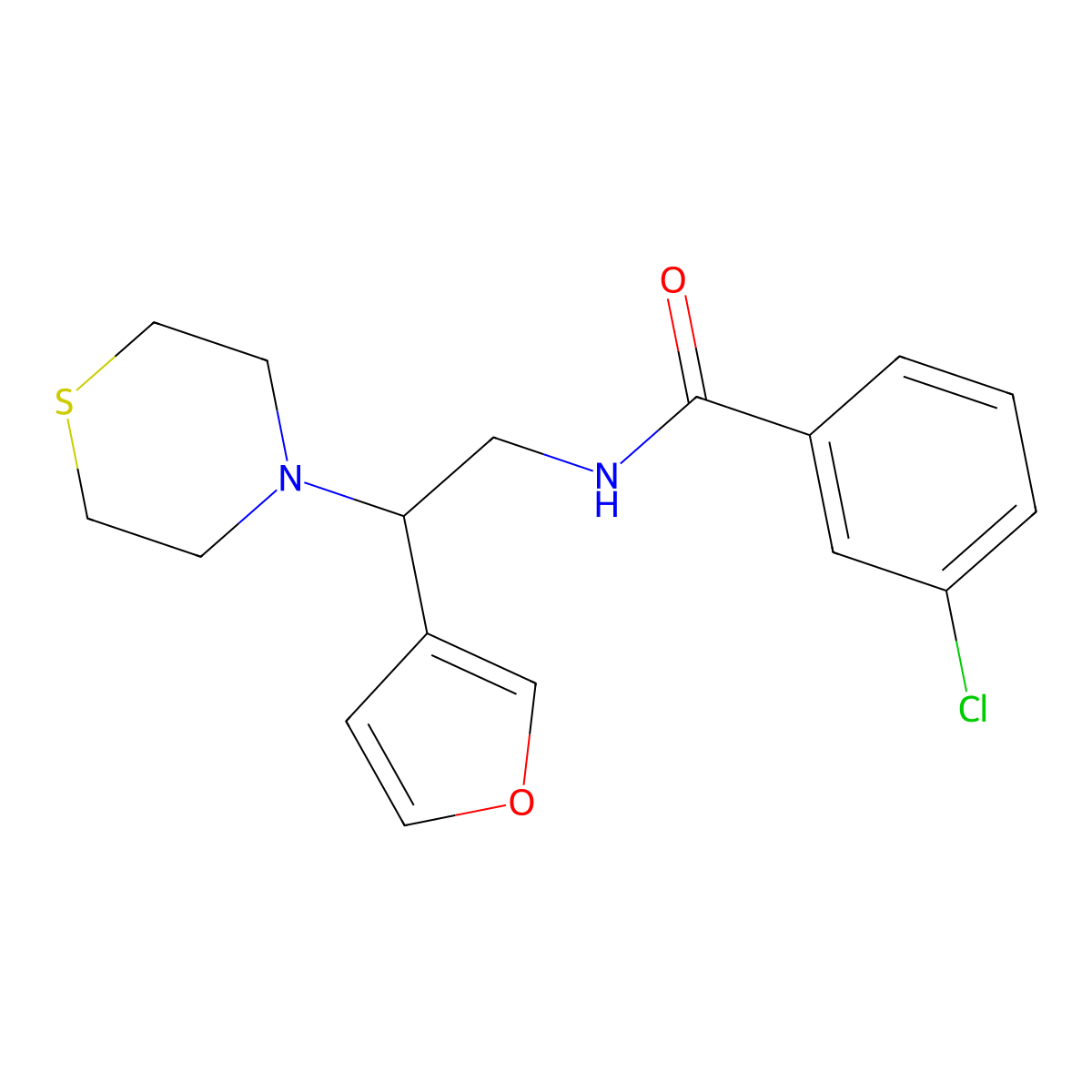 3-chloro-N-(2-(furan-3-yl)-2-thiomorpholinoethyl)benzamide molecular structure, CAS 2034513-56-7