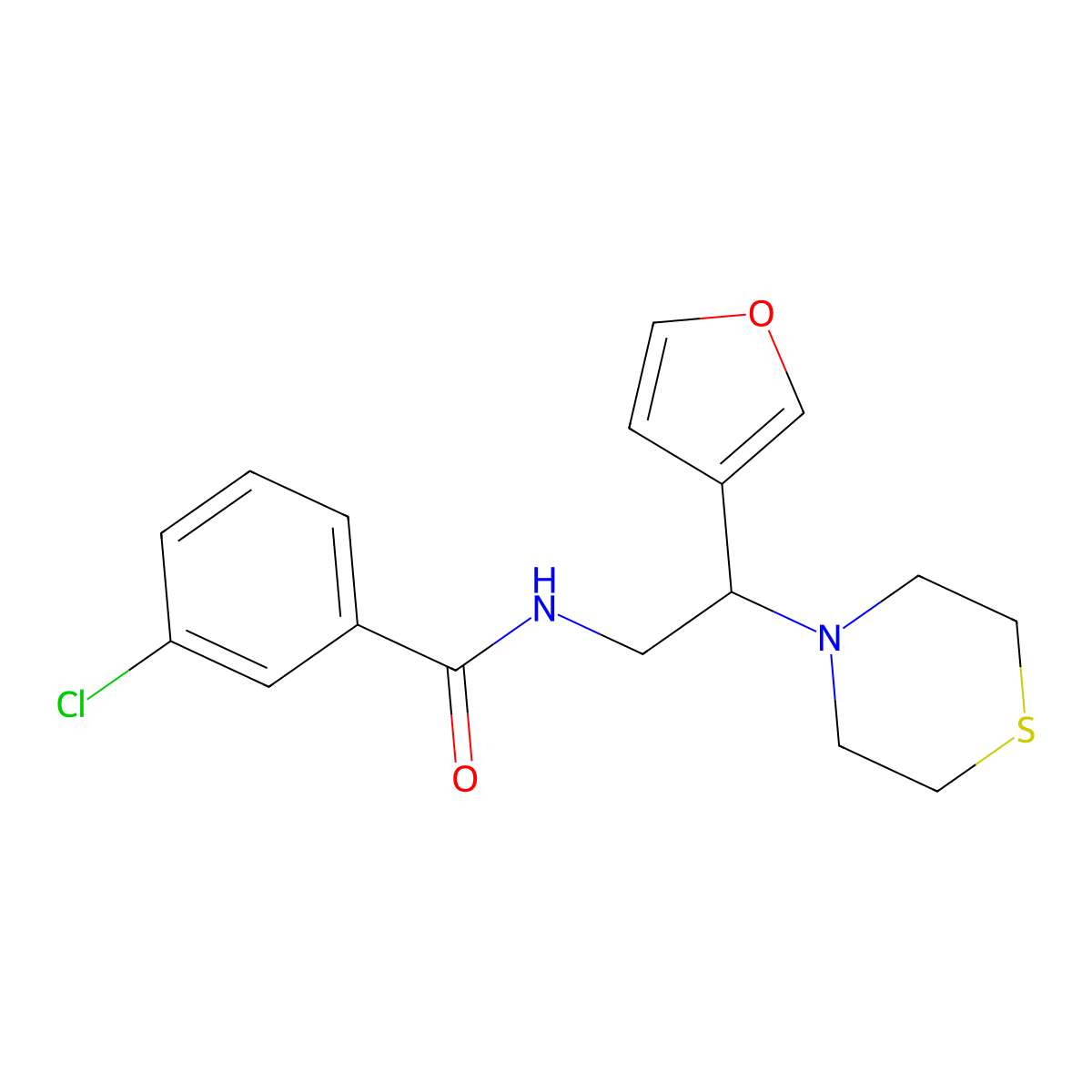 3-chloro-N-(2-(furan-3-yl)-2-thiomorpholinoethyl)benzamide molecular structure, CAS 2034513-56-7