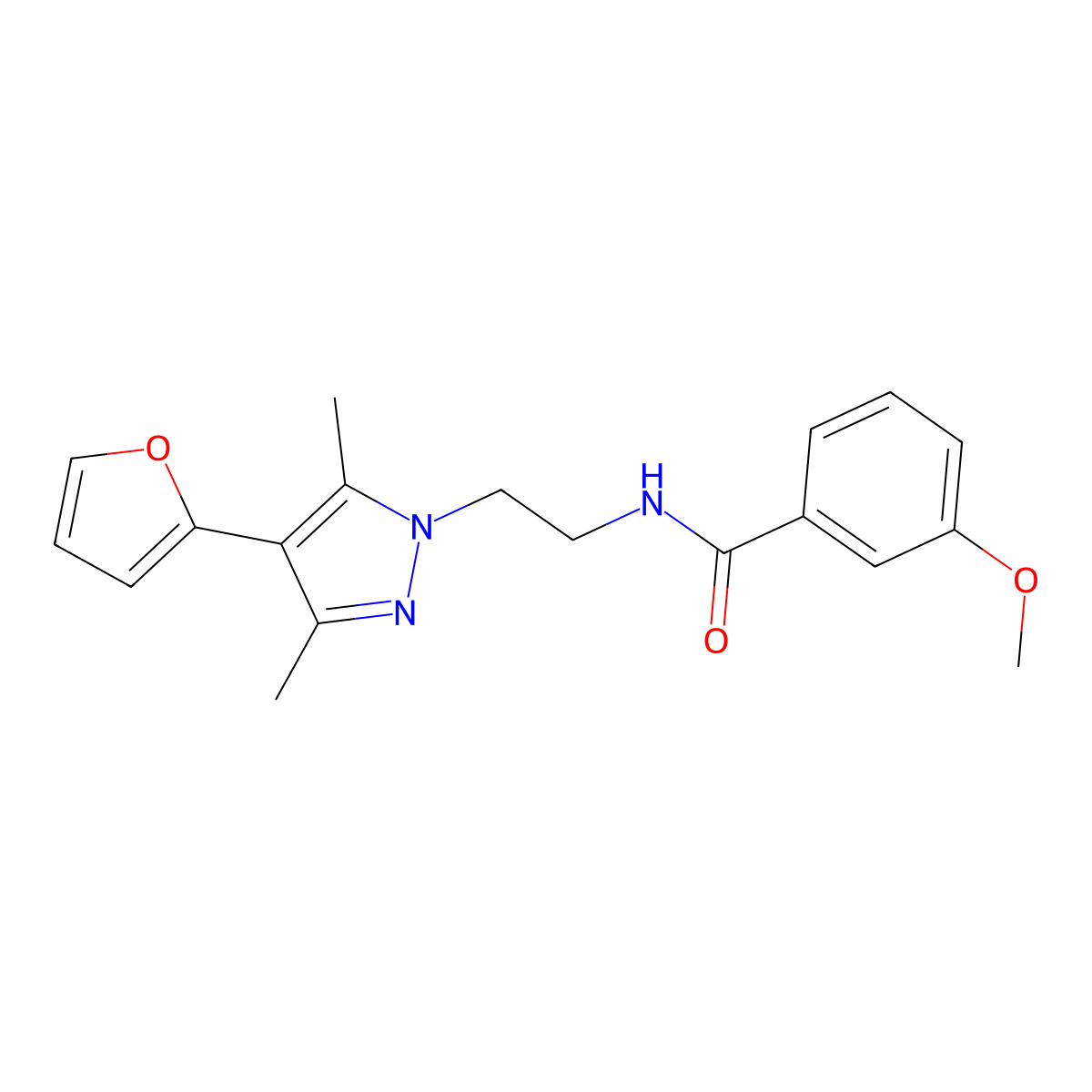 N-{2-[4-(furan-2-yl)-3,5-dimethyl-1H-pyrazol-1-yl]ethyl}-3-methoxybenzamide molecular structure, CAS 2034513-57-8