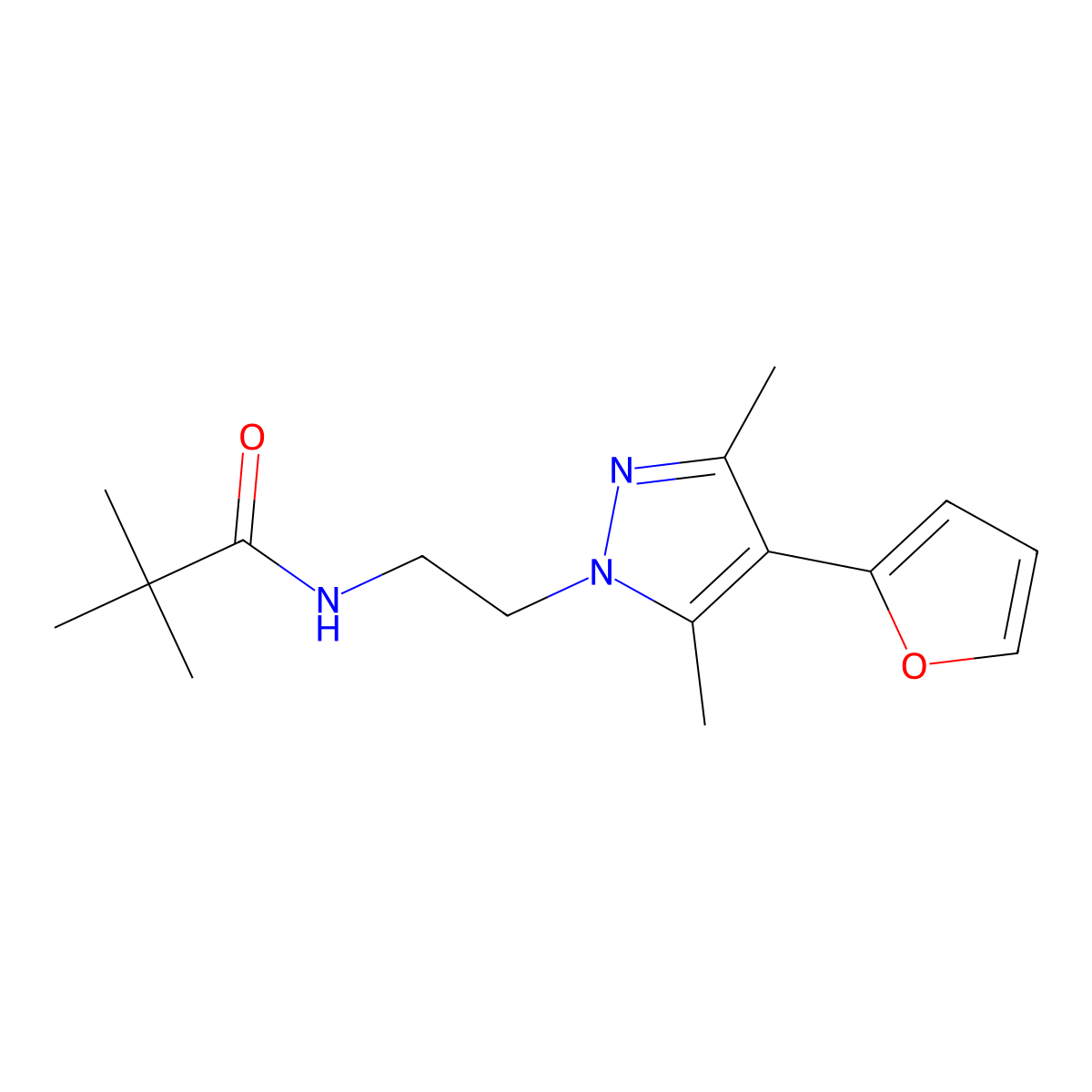 N-(2-(4-(furan-2-yl)-3,5-dimethyl-1H-pyrazol-1-yl)ethyl)pivalamide molecular structure, CAS 2034513-65-8