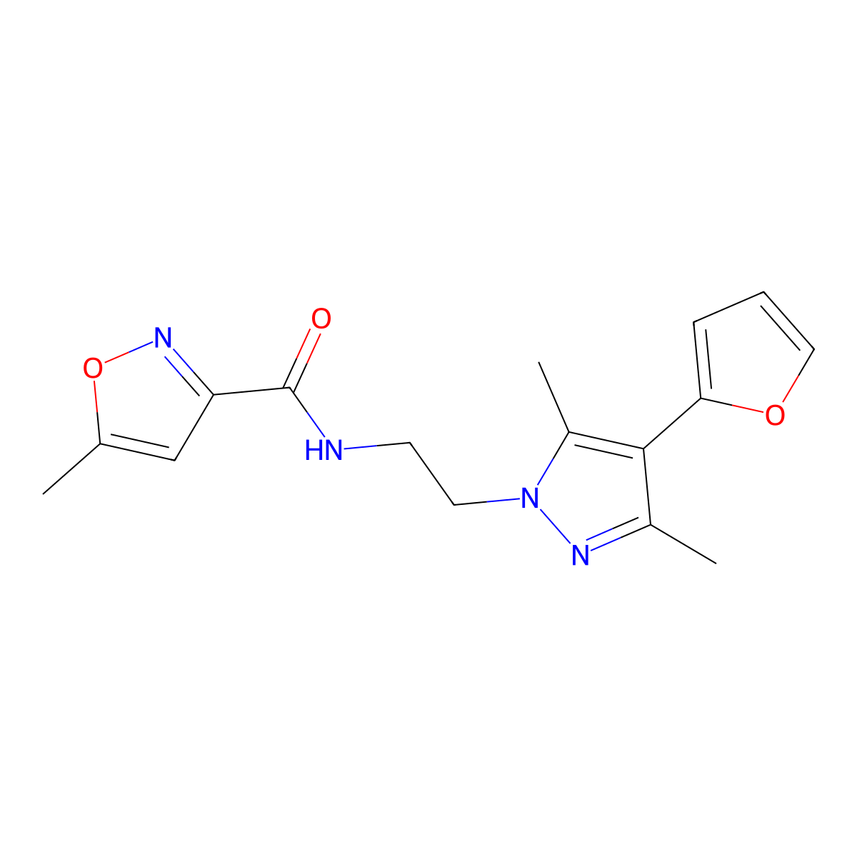 N-(2-(4-(furan-2-yl)-3,5-dimethyl-1H-pyrazol-1-yl)ethyl)-5-methylisoxazole-3-carboxamide molecular structure, CAS 2034513-73-8