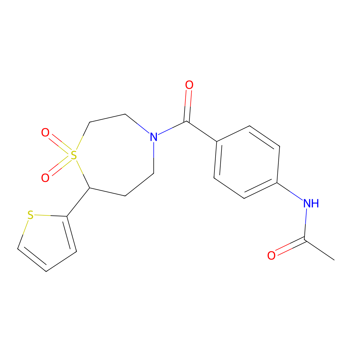 N-(4-(1,1-dioxido-7-(thiophen-2-yl)-1,4-thiazepane-4-carbonyl)phenyl)acetamide molecular structure, CAS 2034513-77-2