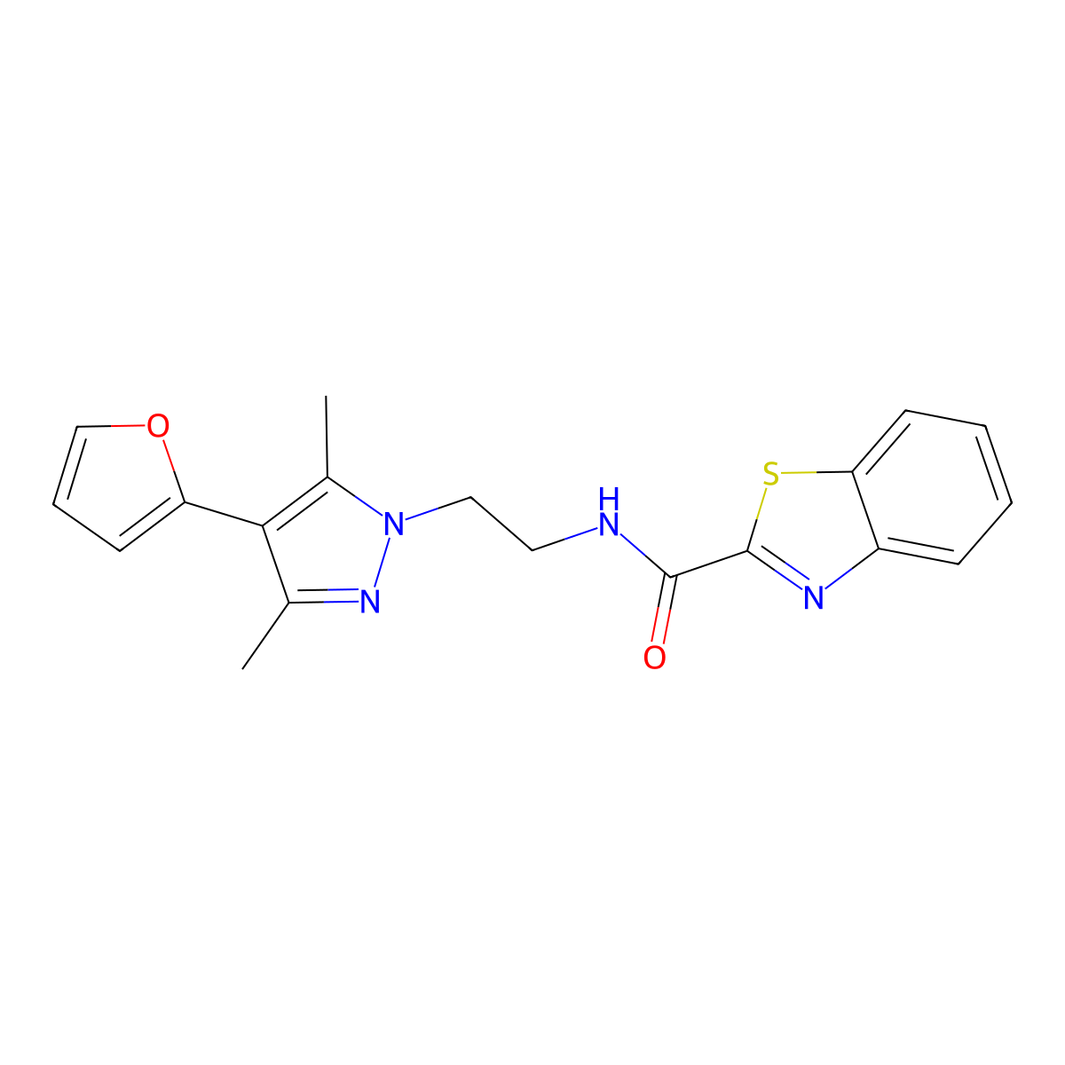 N-(2-(4-(furan-2-yl)-3,5-dimethyl-1H-pyrazol-1-yl)ethyl)benzo[d]thiazole-2-carboxamide molecular structure, CAS 2034513-79-4
