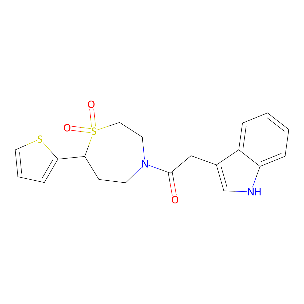 1-(1,1-dioxido-7-(thiophen-2-yl)-1,4-thiazepan-4-yl)-2-(1H-indol-3-yl)ethanone molecular structure, CAS 2034513-83-0